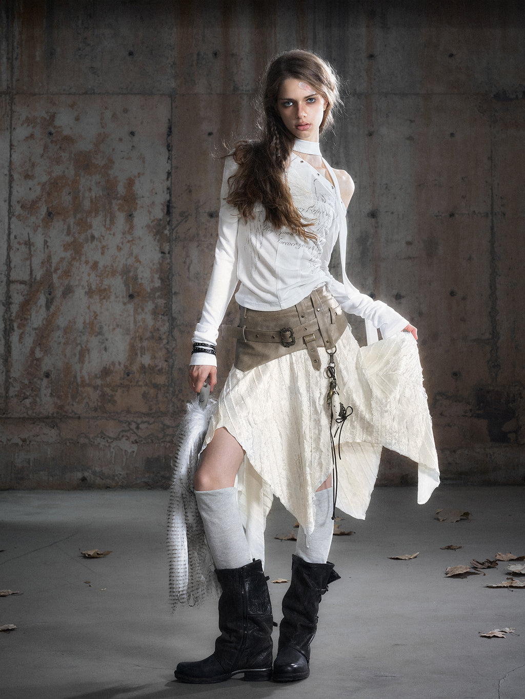 Velvet Patchwork Asymmetric Checkered Hem Midi Skirt