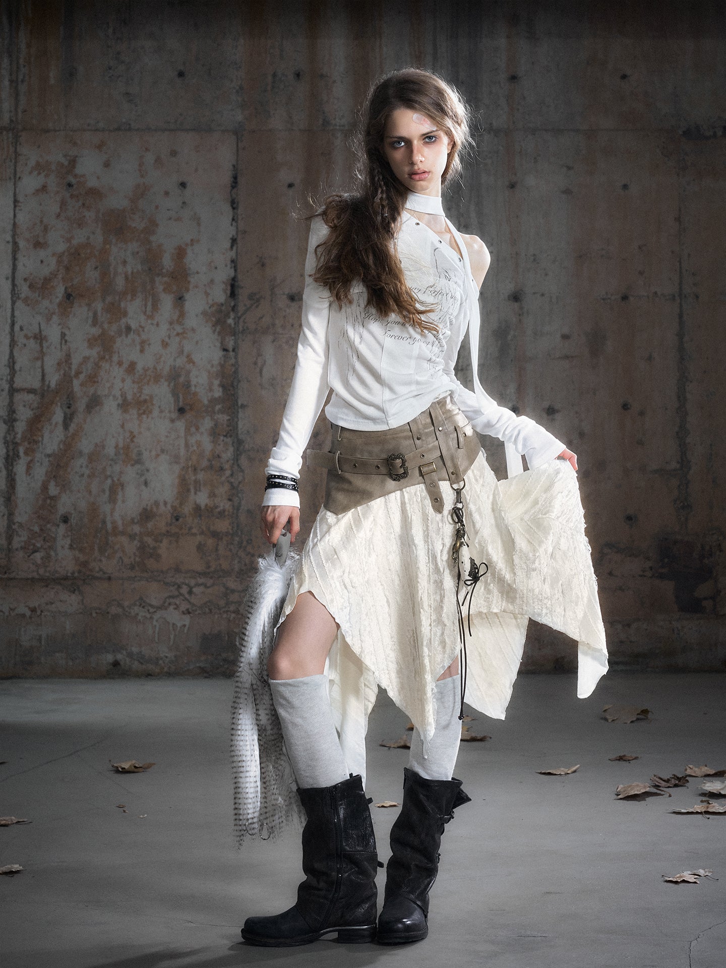 Velvet Patchwork Asymmetric Checkered Hem Midi Skirt