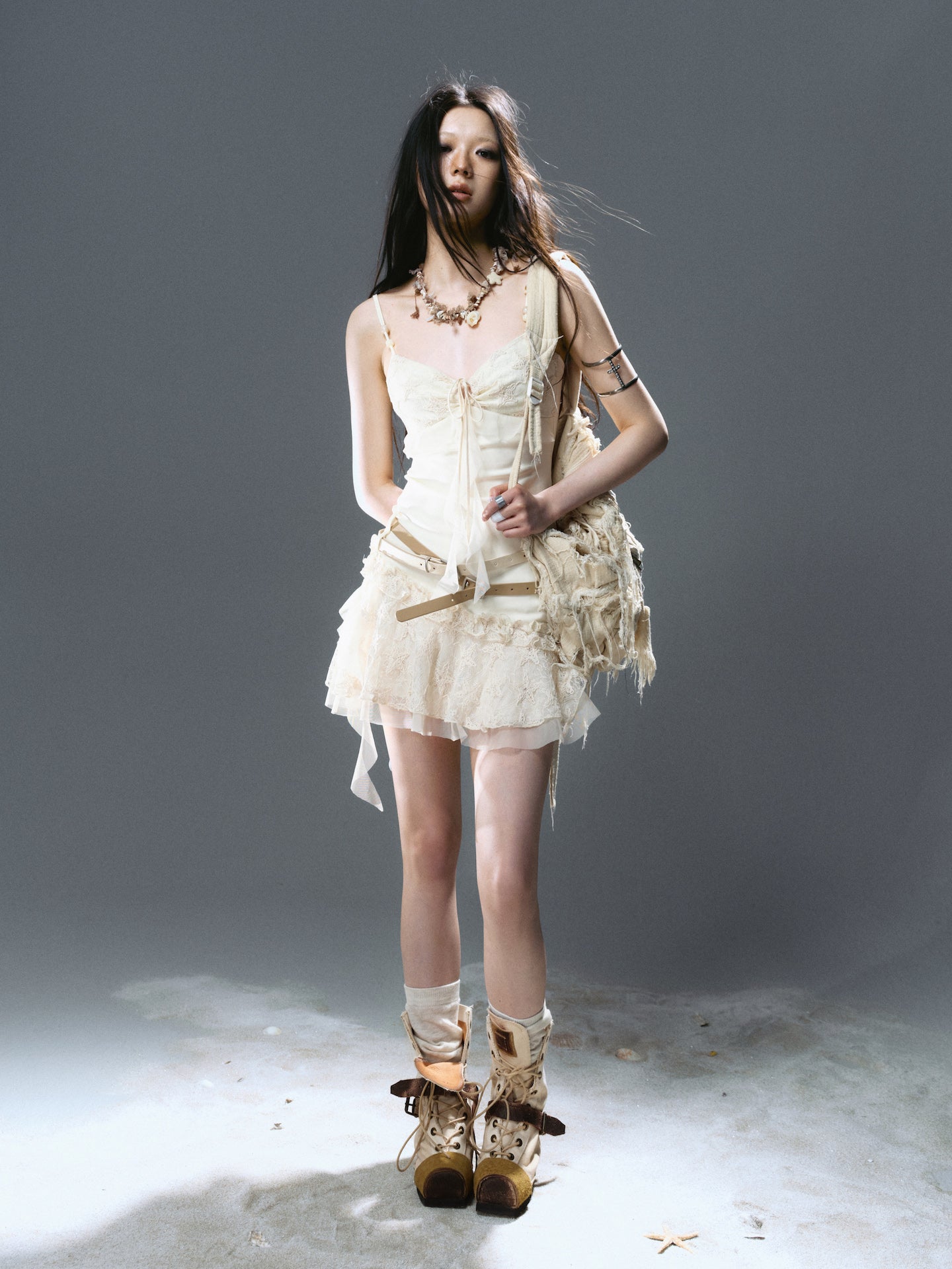 Pleated strap belt patchwork suspender skirt