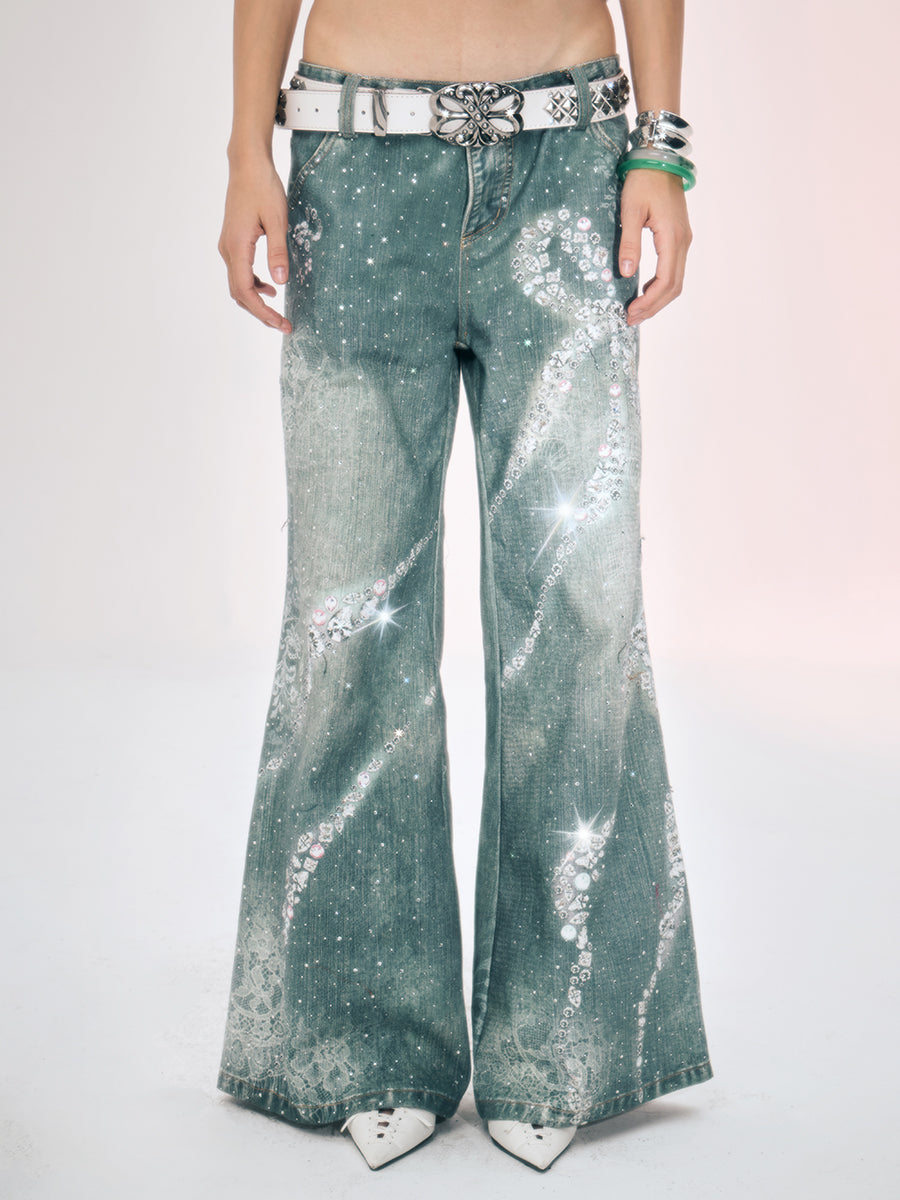 Full Rhinestone Bow Wide Leg Pants