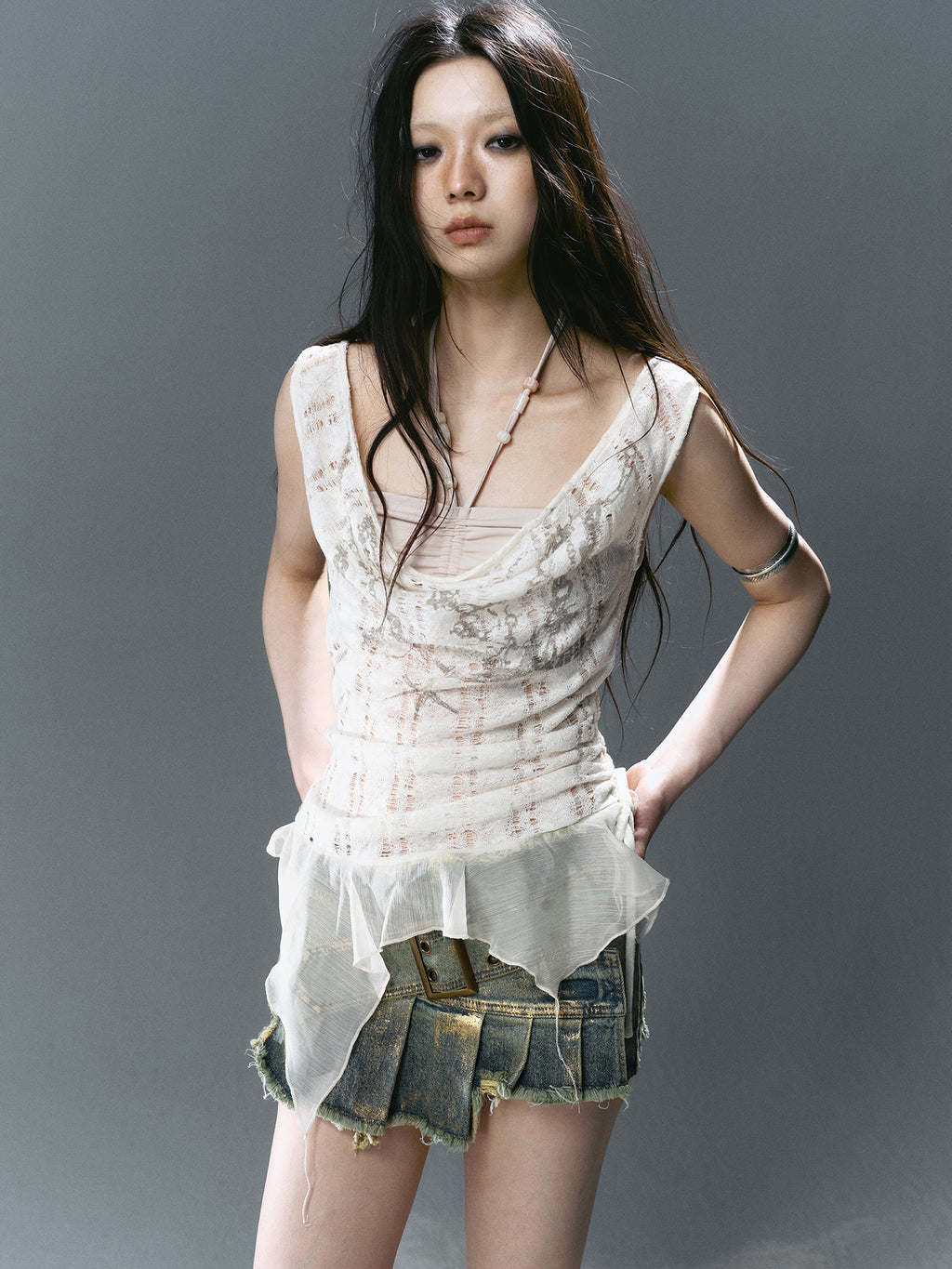 Beaded Chiffon Cut-Out Draped Neck Shell Top