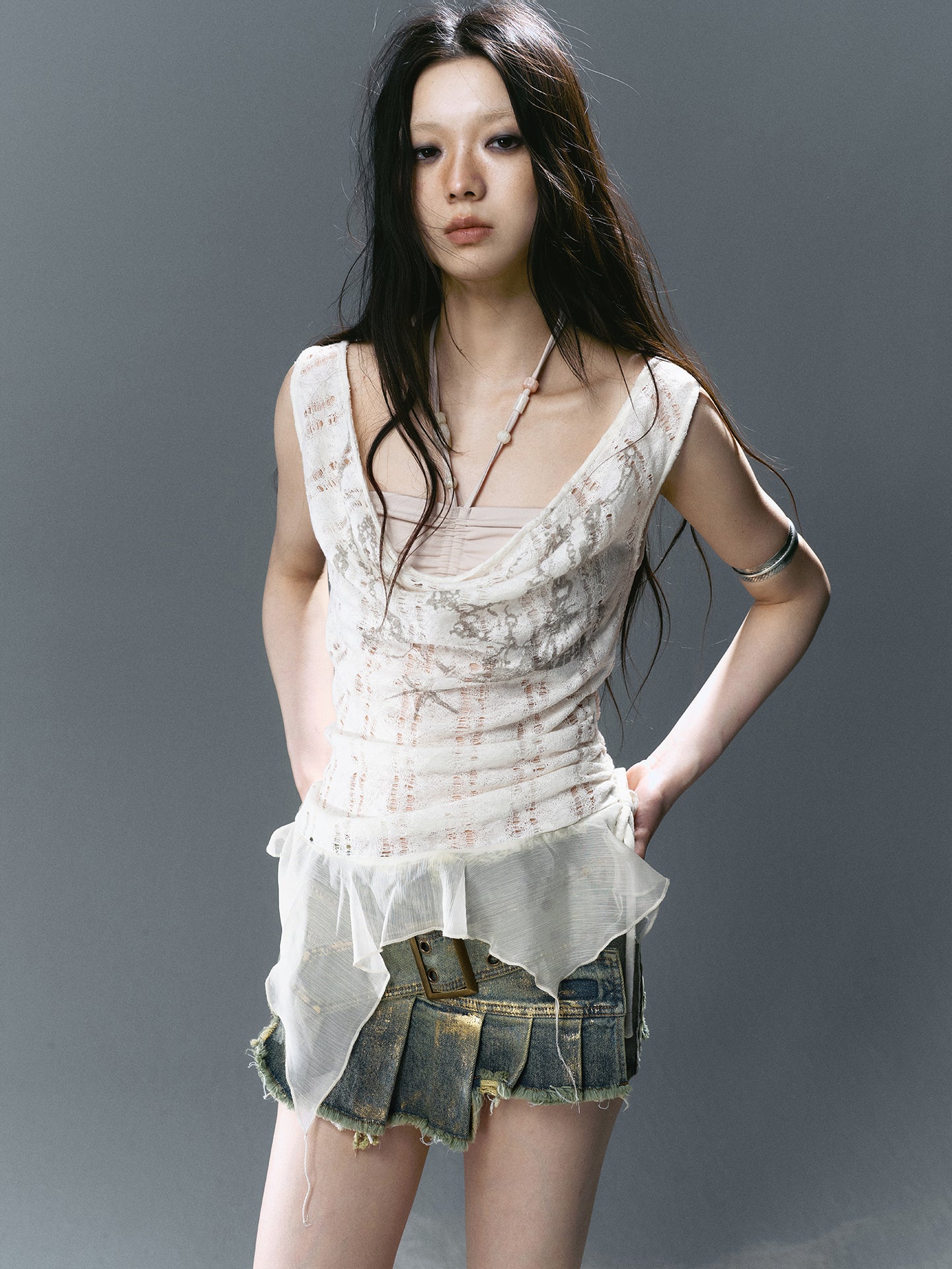 Beaded Chiffon Cut-Out Draped Neck Shell Top