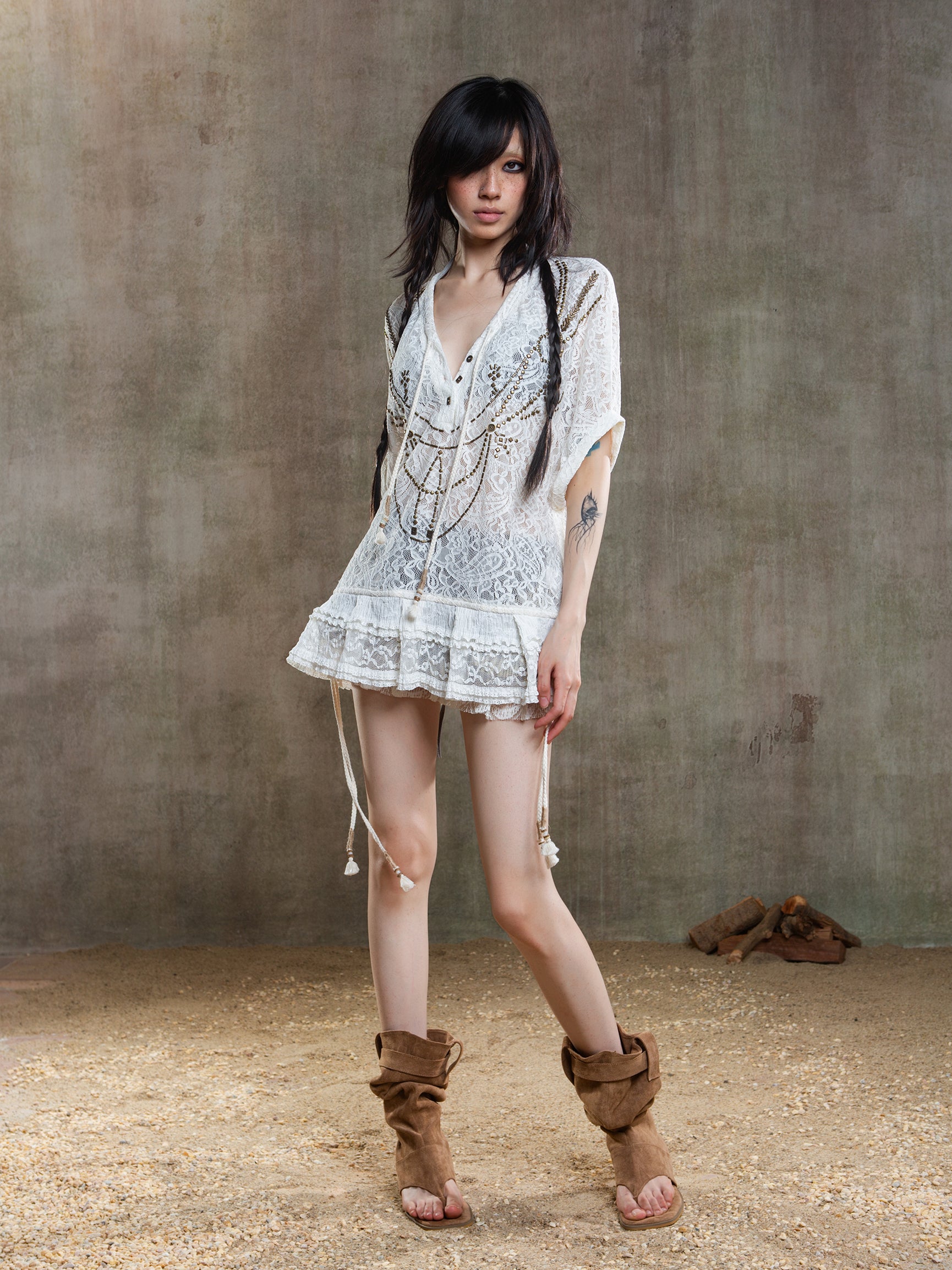Oversized Lace Overlay Longline T-Shirt