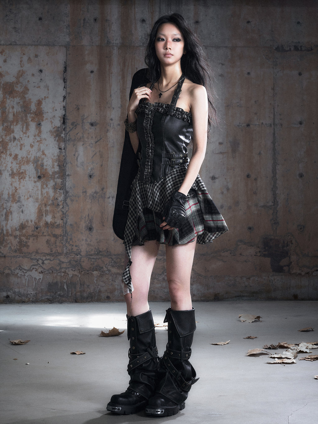 Irregular Studded Leather Strap Washed Button Leg Warmers