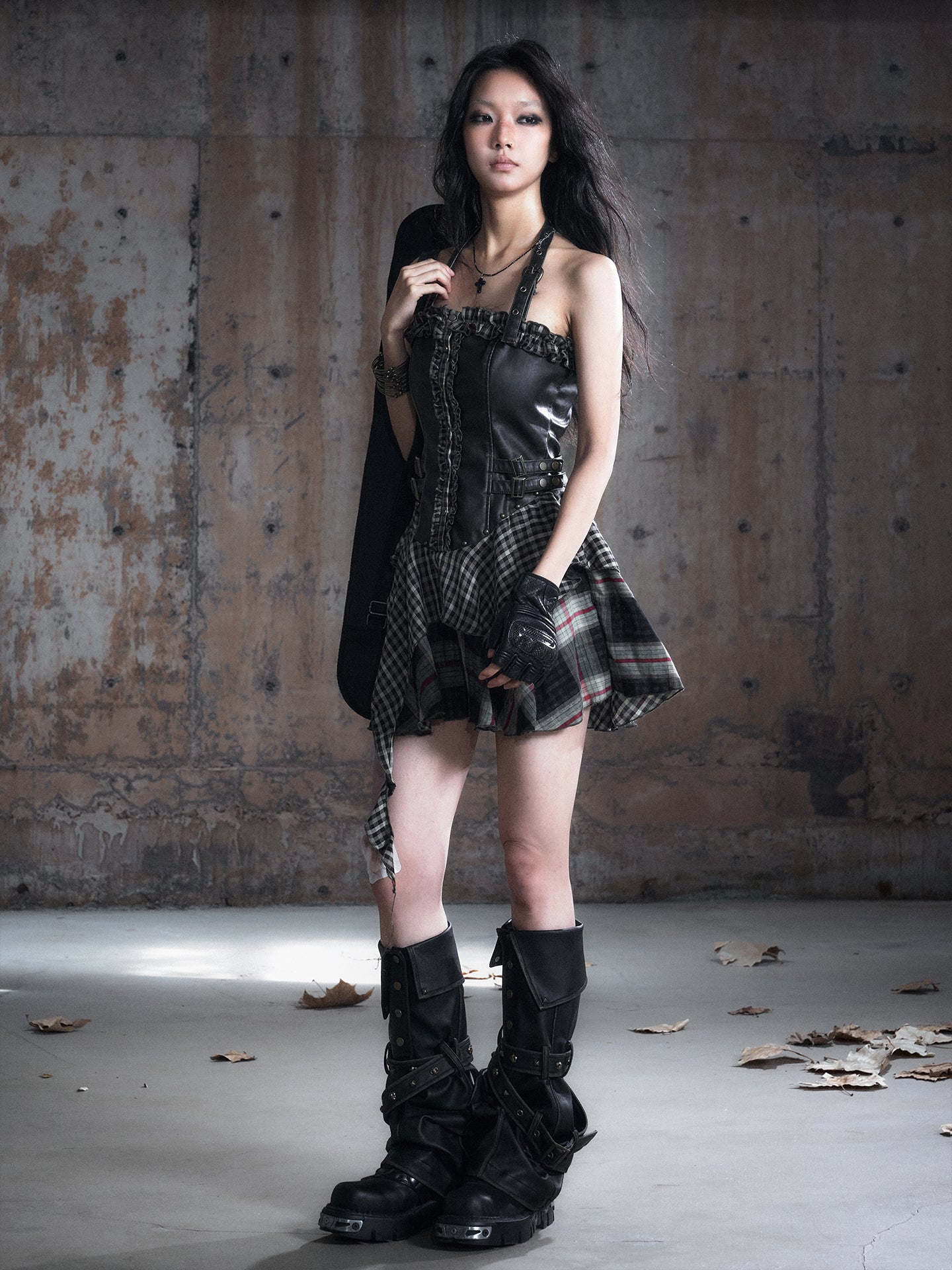 Irregular Studded Leather Strap Washed Button Leg Warmers