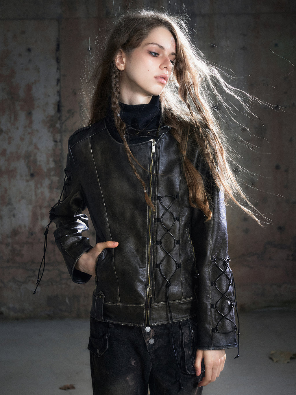 Knit Panel Stacked Collar Washed Leather Jacket