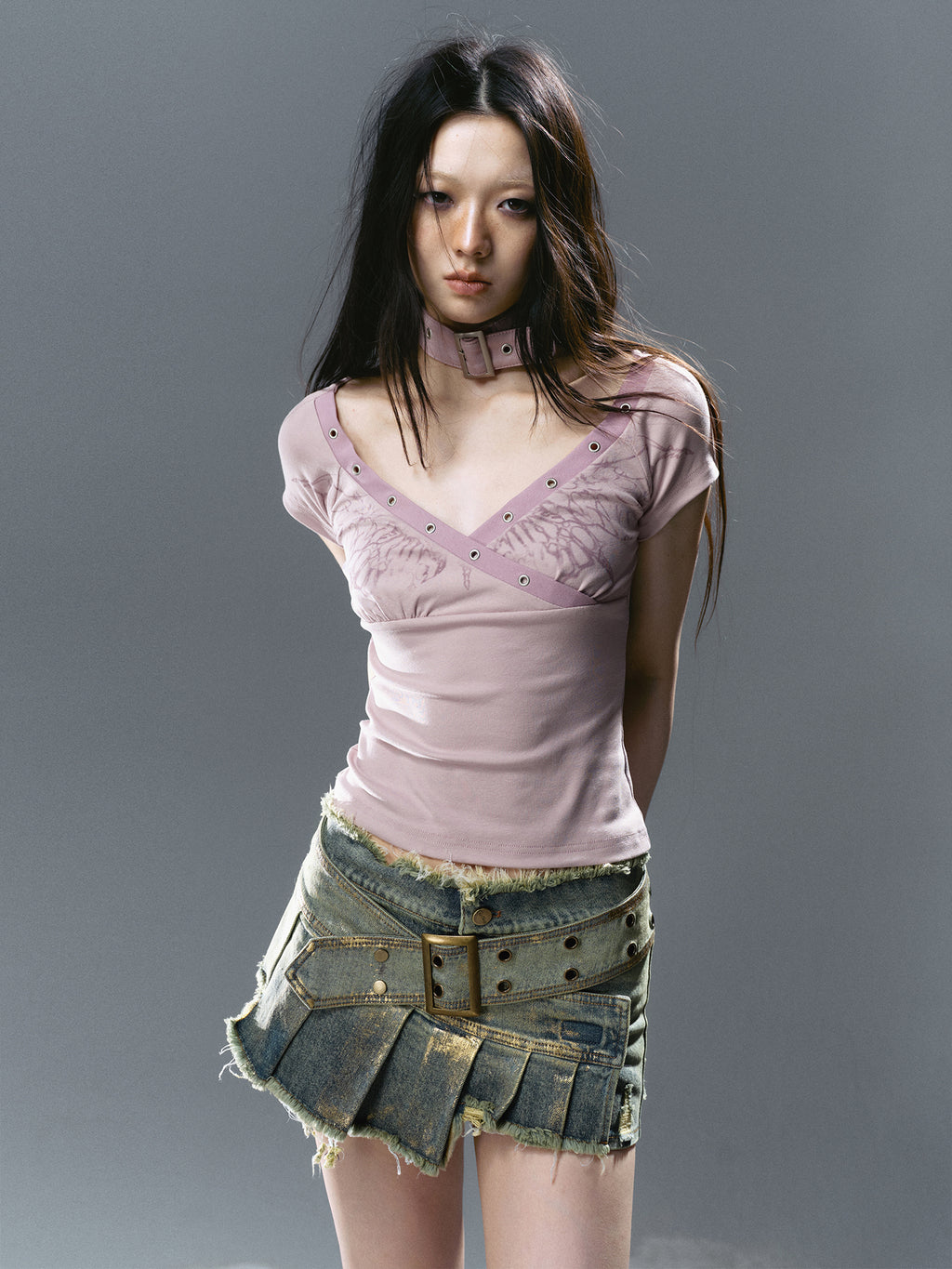 Asymmetrical Gold-Foil Raw Hem Denim Skort