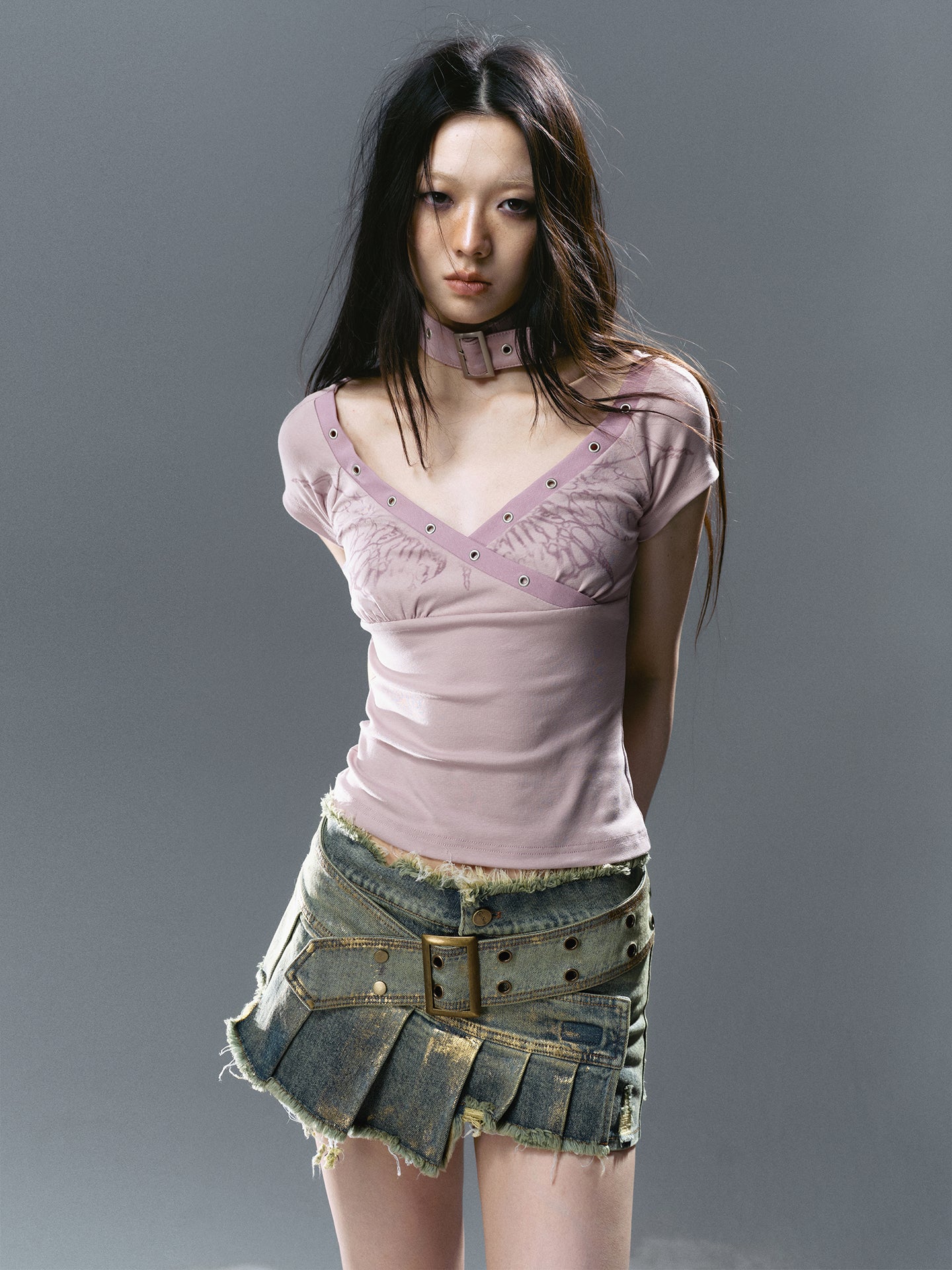 Asymmetrical Gold-Foil Raw Hem Denim Skort