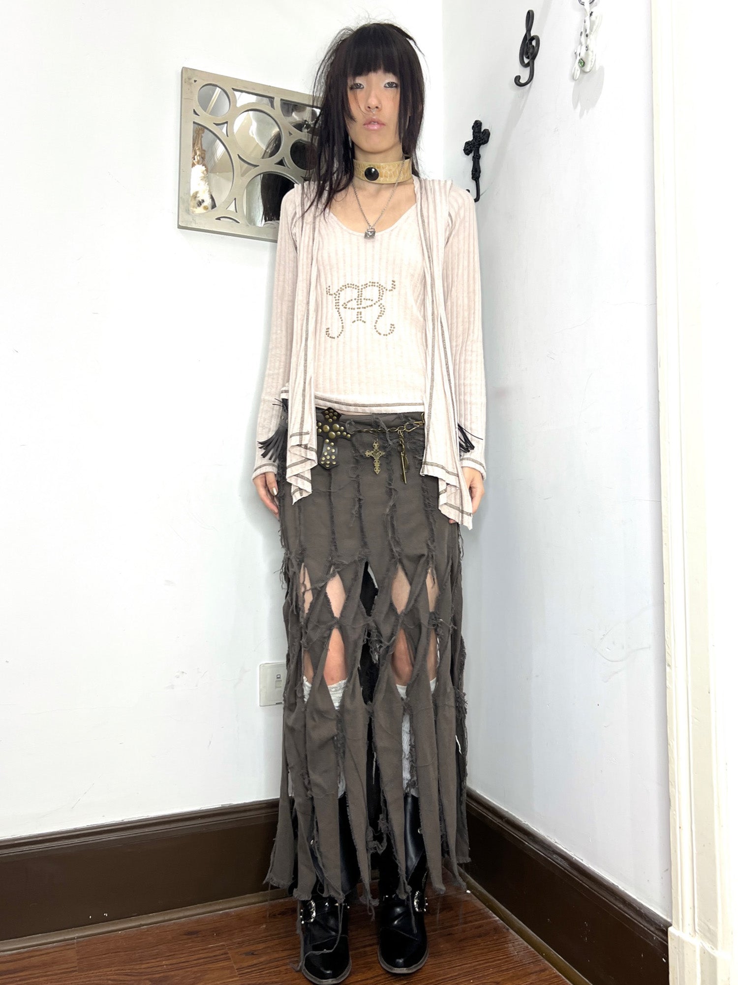 Knotted Fringe Distressed Maxi Skirt