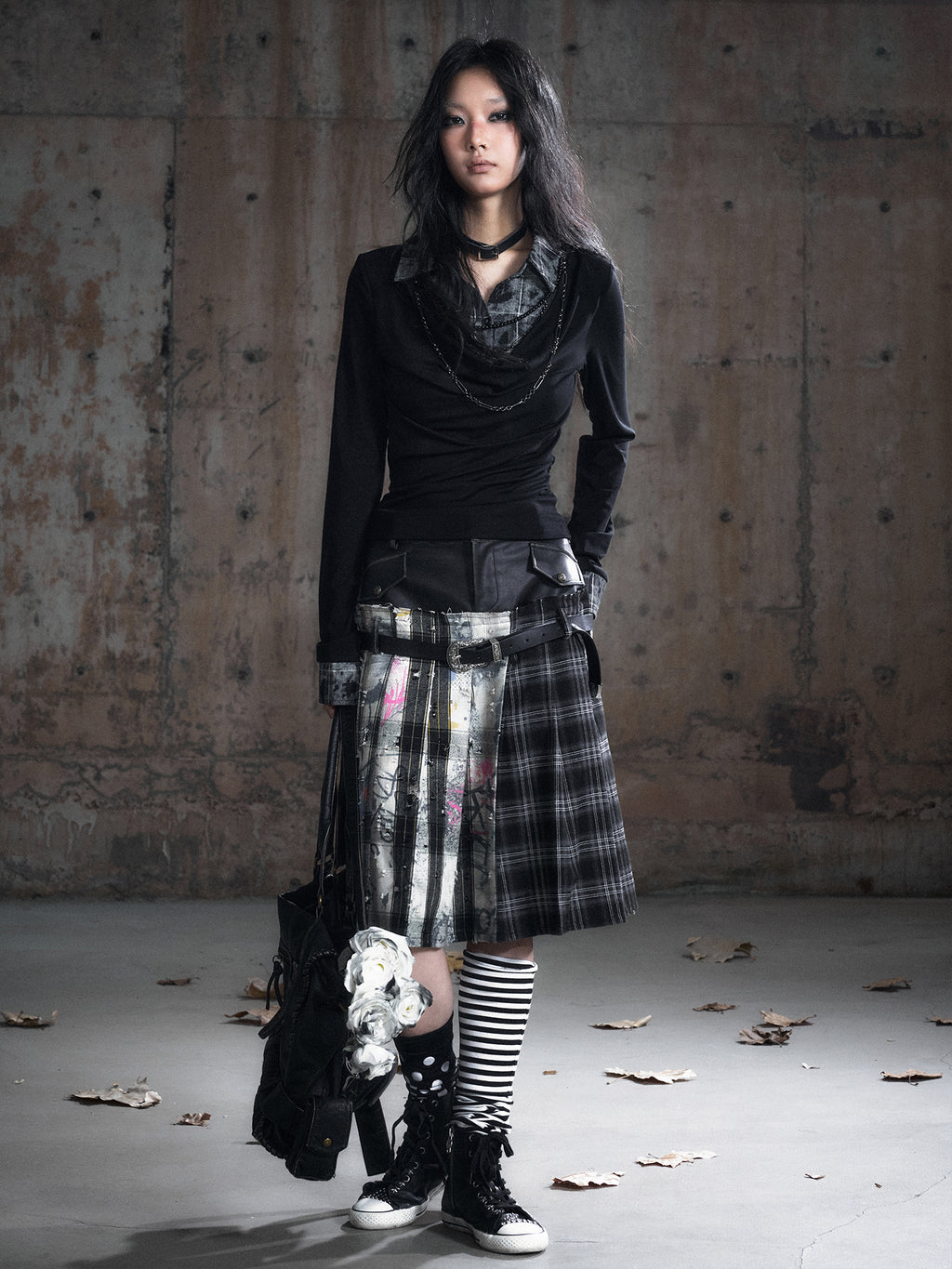 Leather Waist Panel Black Gray Plaid Belted Pleated Skirt