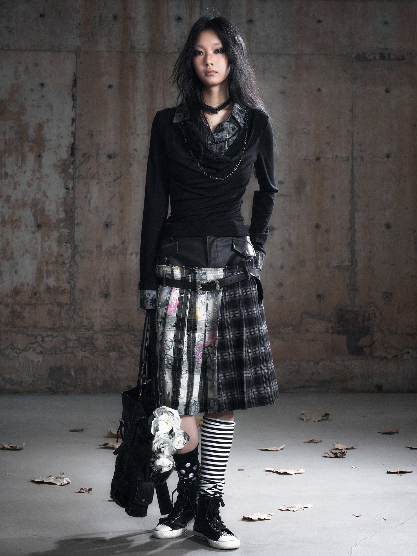 Leather Waist Panel Black Gray Plaid Belted Pleated Skirt