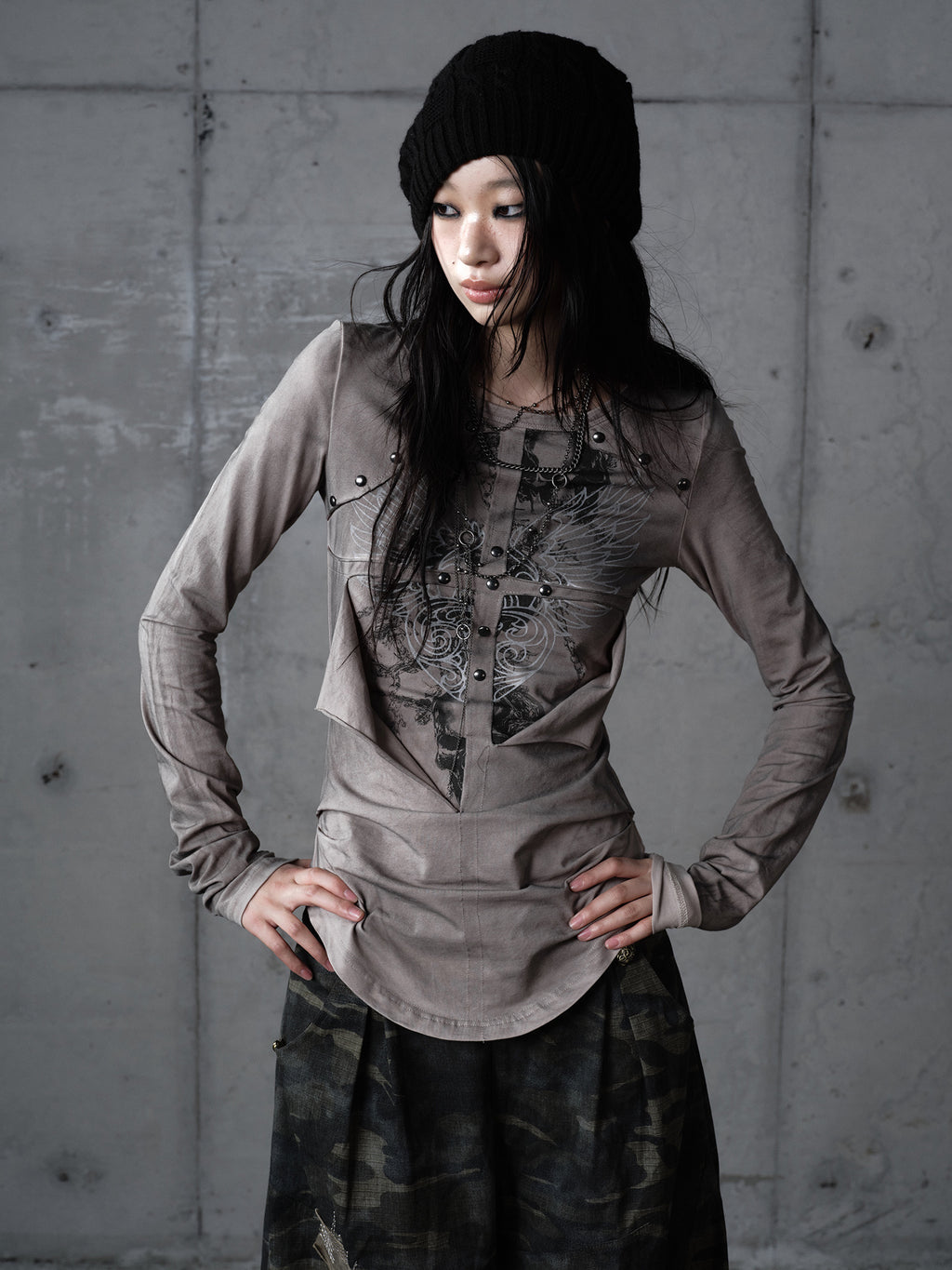 Airbrushed Cross Deconstructed Print Long Sleeve Tee