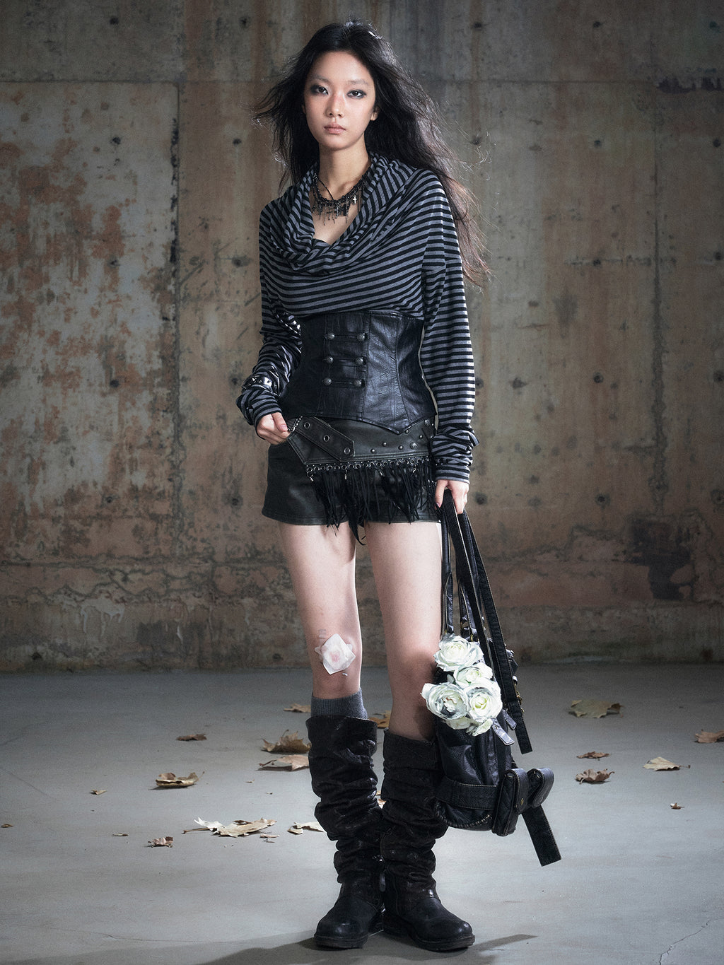 Leather Corset Striped Draped Knit Long Sleeve Tee