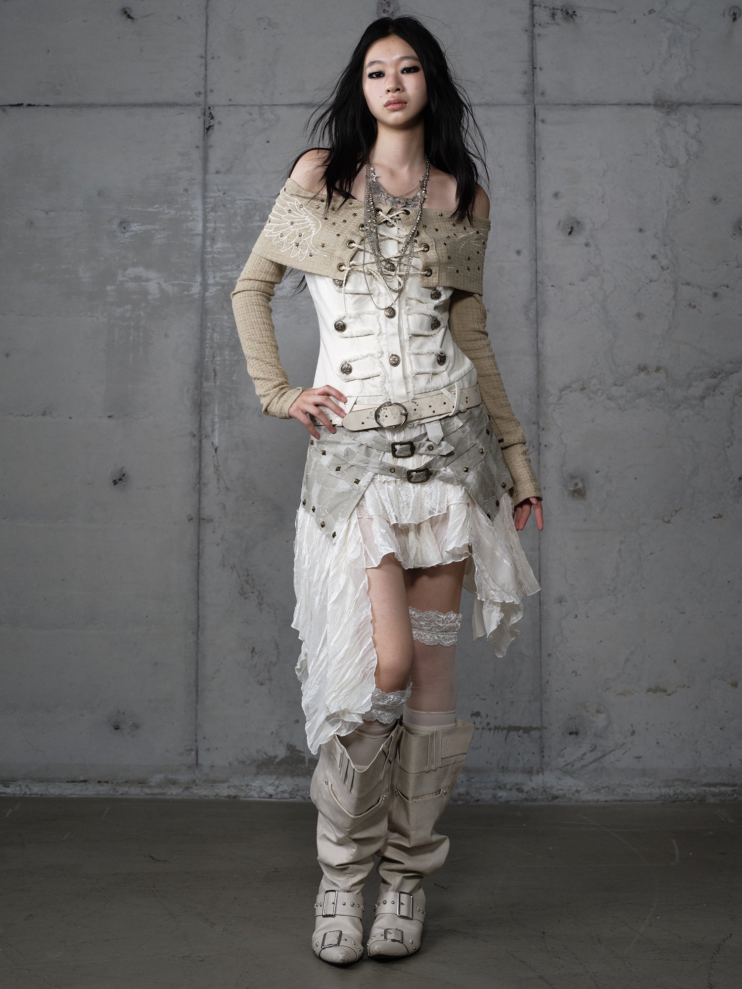 Knit Denim Off-Shoulder T-Shirt