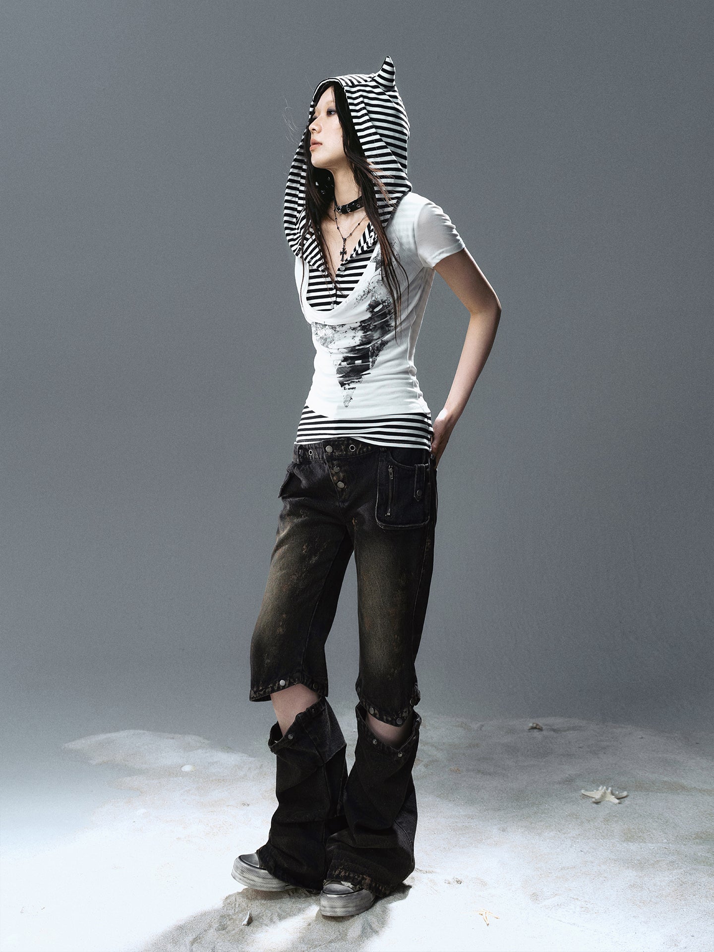 Cat-Ear Hooded Draped Neck T-Shirt