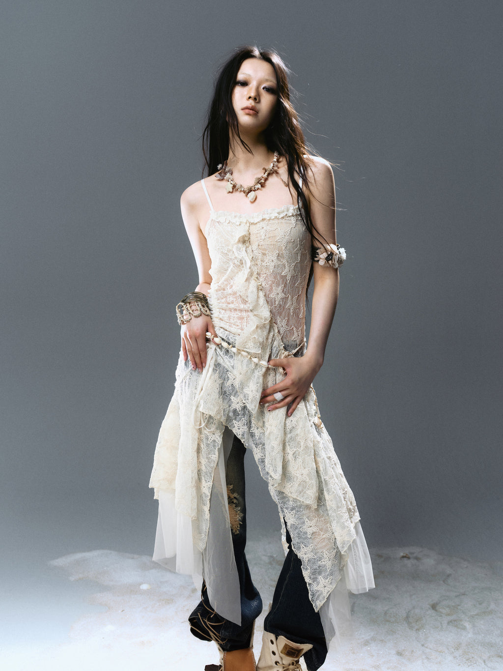 Asymmetrical Mesh Layered Camisole Dress