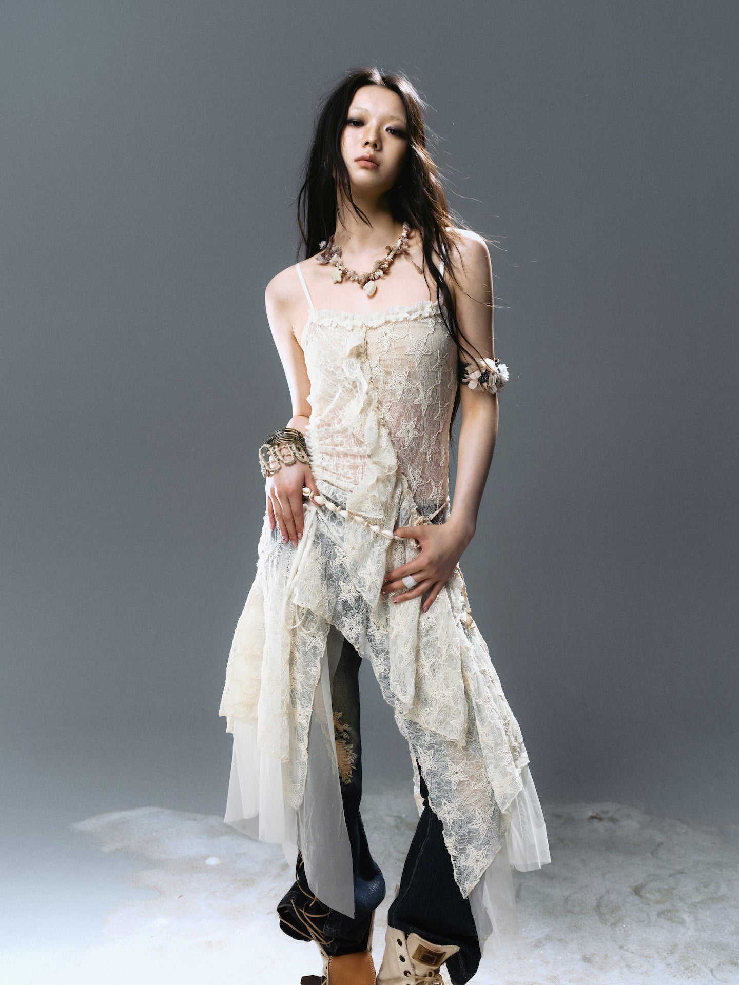 Asymmetrical Mesh Layered Camisole Dress