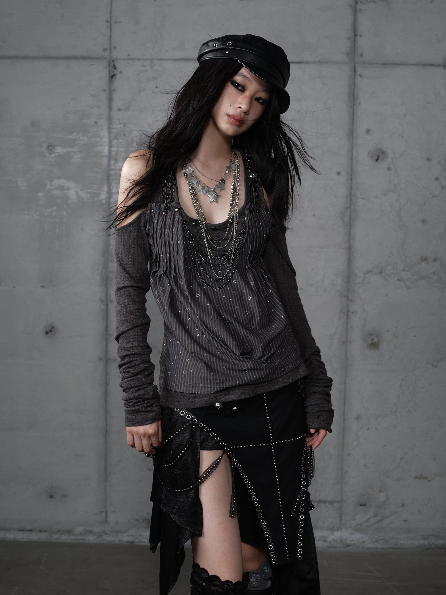 Patchwork False Two-Layer Knit Cold Shoulder Top