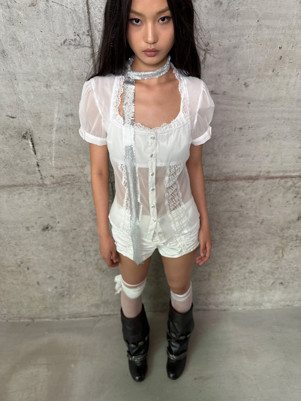 Square-Neck Lace Trim Puff Sleeve Blouse
