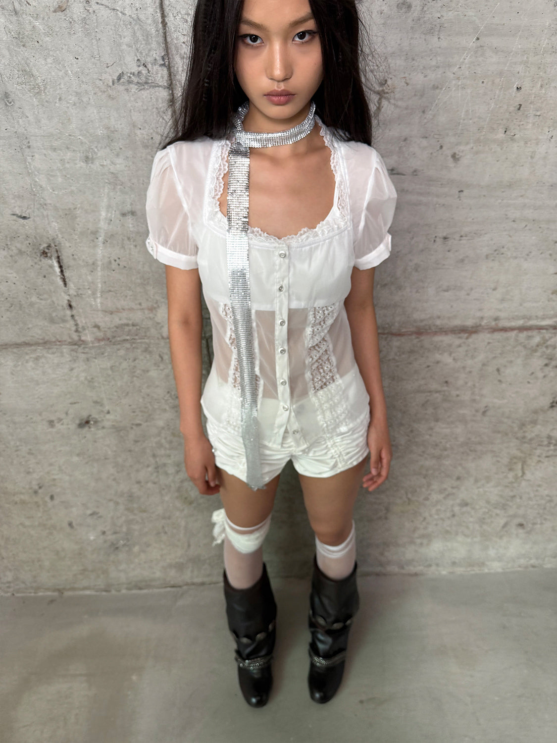 Square-Neck Lace Trim Puff Sleeve Blouse
