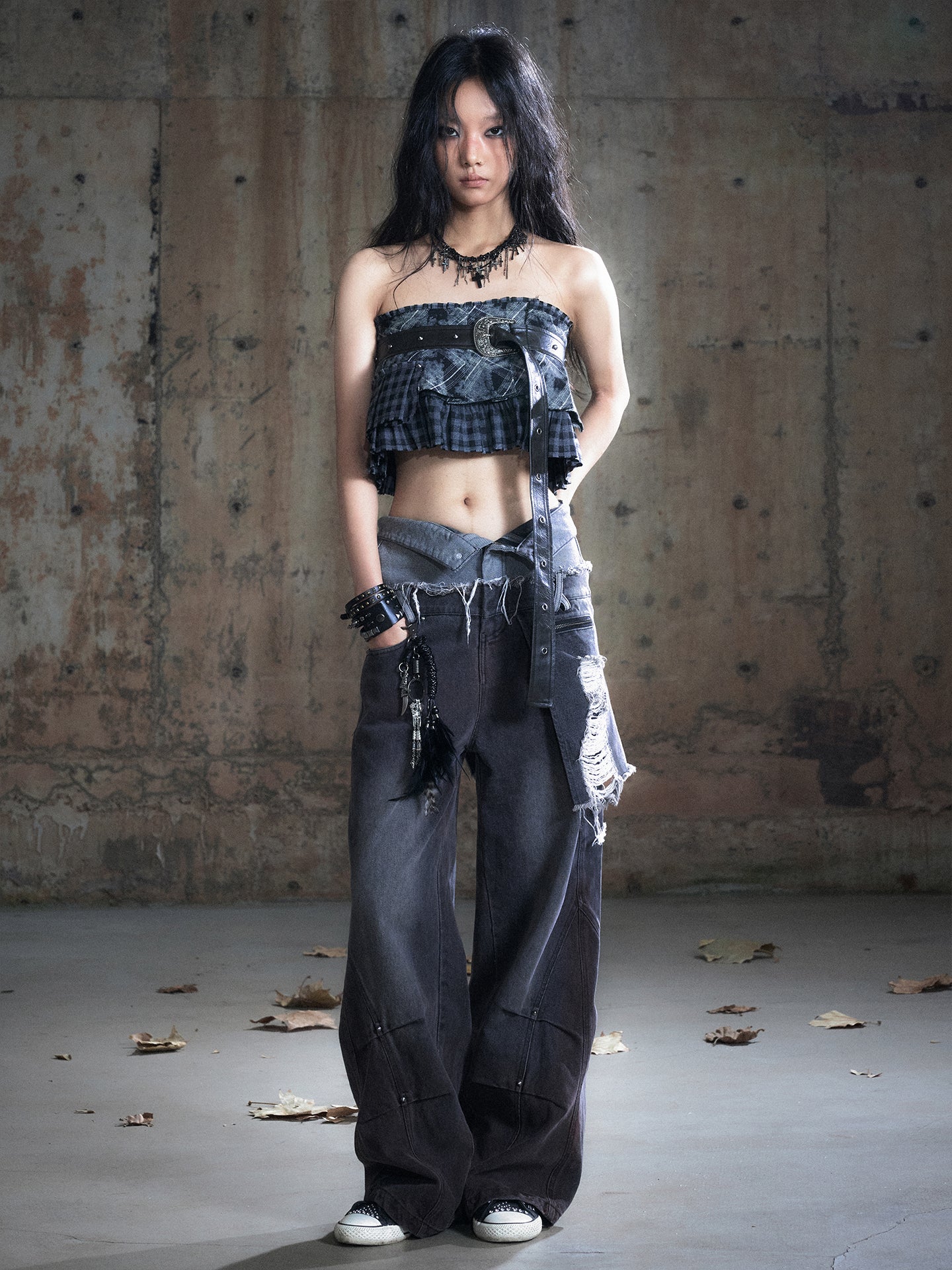 Double Fold Waist Dirty Wash Ripped Wide Leg Pants