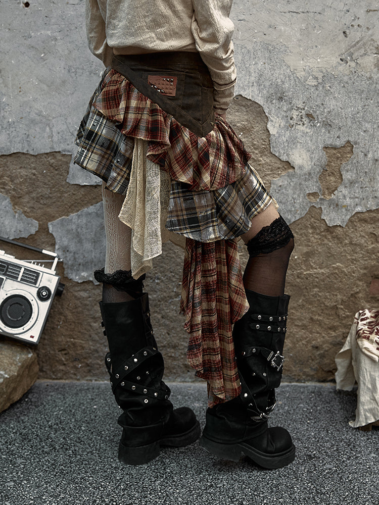 Patchwork Plaid Asymmetrical Skirt