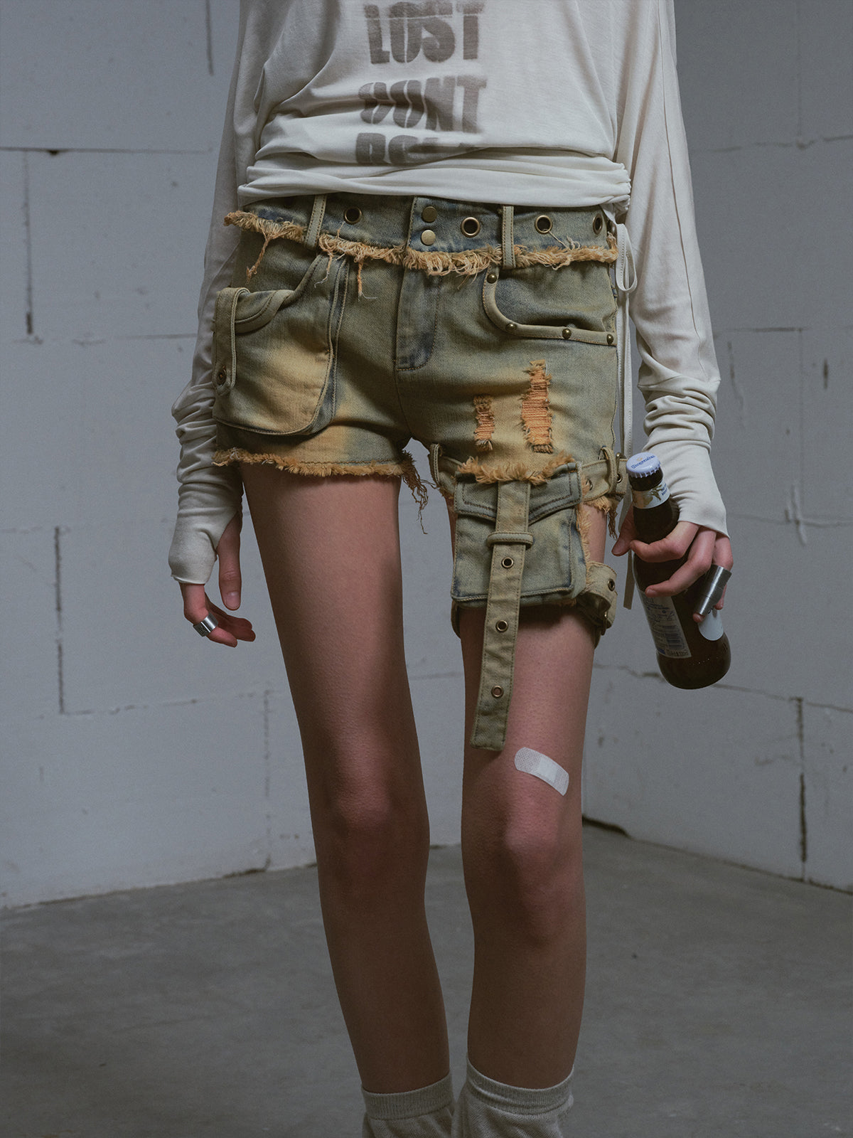 Vintage Blue-Green Washed Denim Shorts with Detachable Pockets
