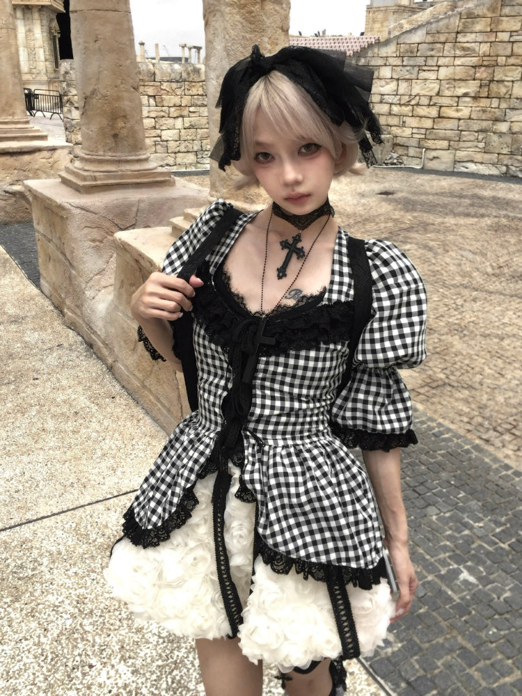 Plaid Lace Tie-Front Rose Blouse/Dress
