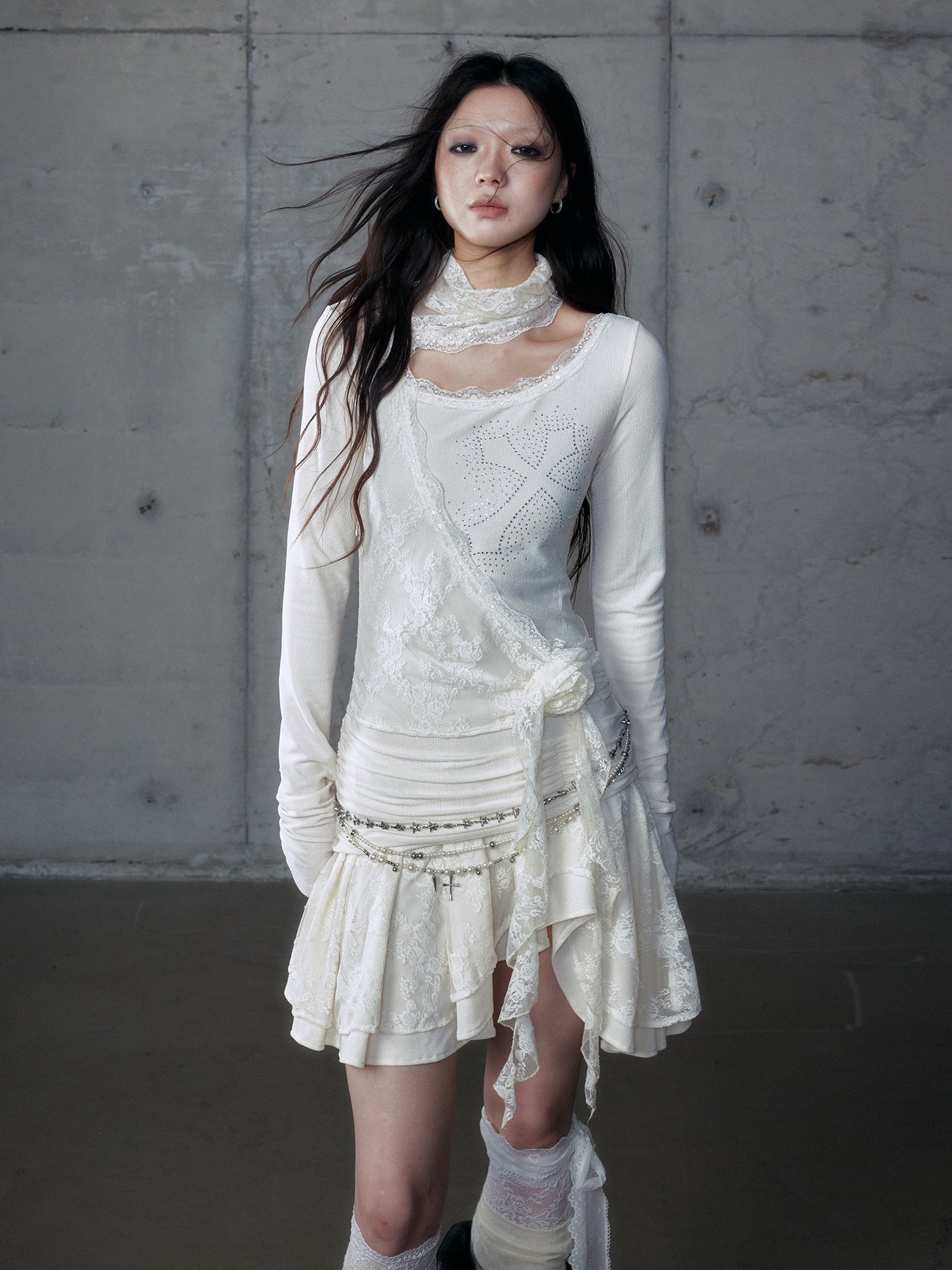 Mock Two-Piece Stacked Neck Off-Shoulder Dress
