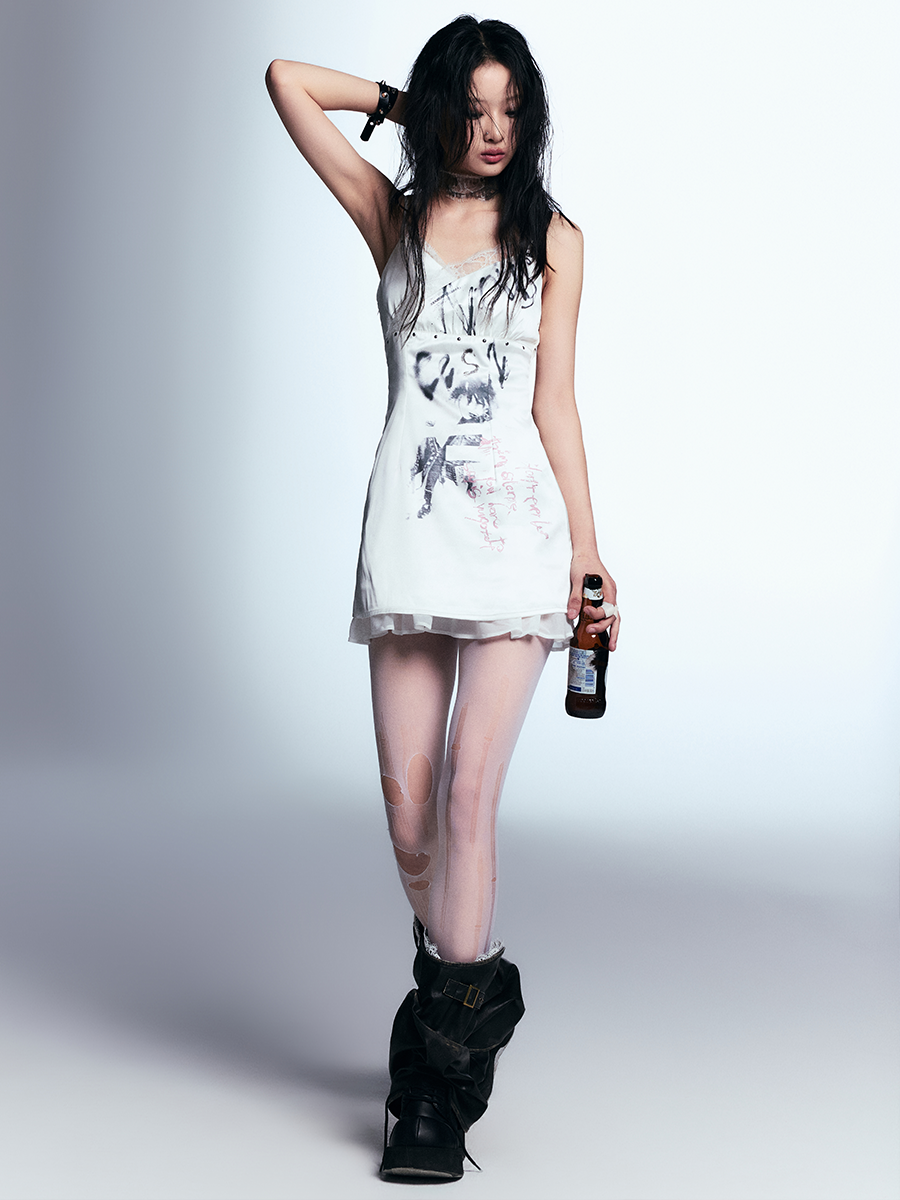 Graffiti Print Satin Camisole Dress