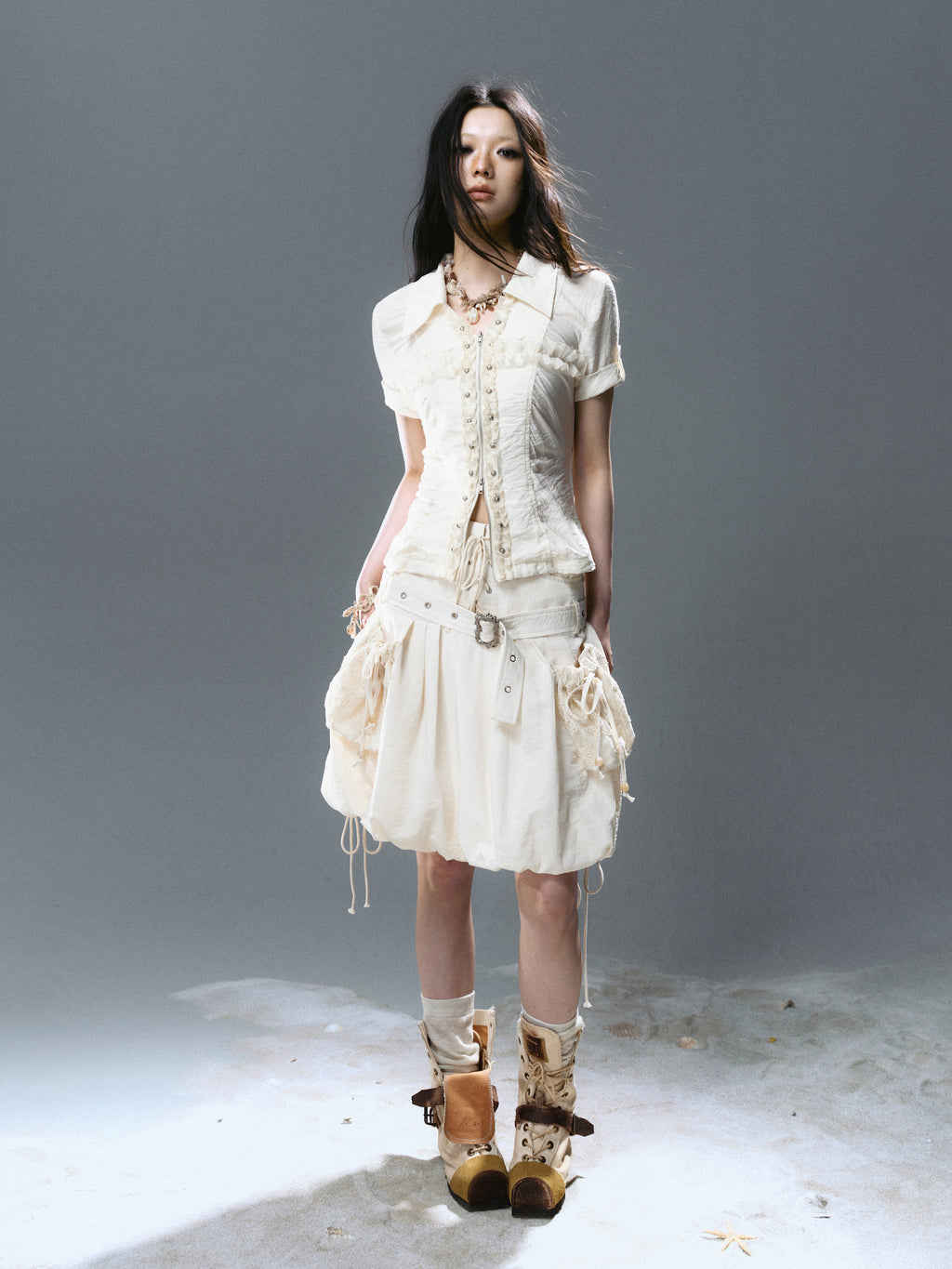 Mid-Waist Lace-Up Studded Cargo Skirt
