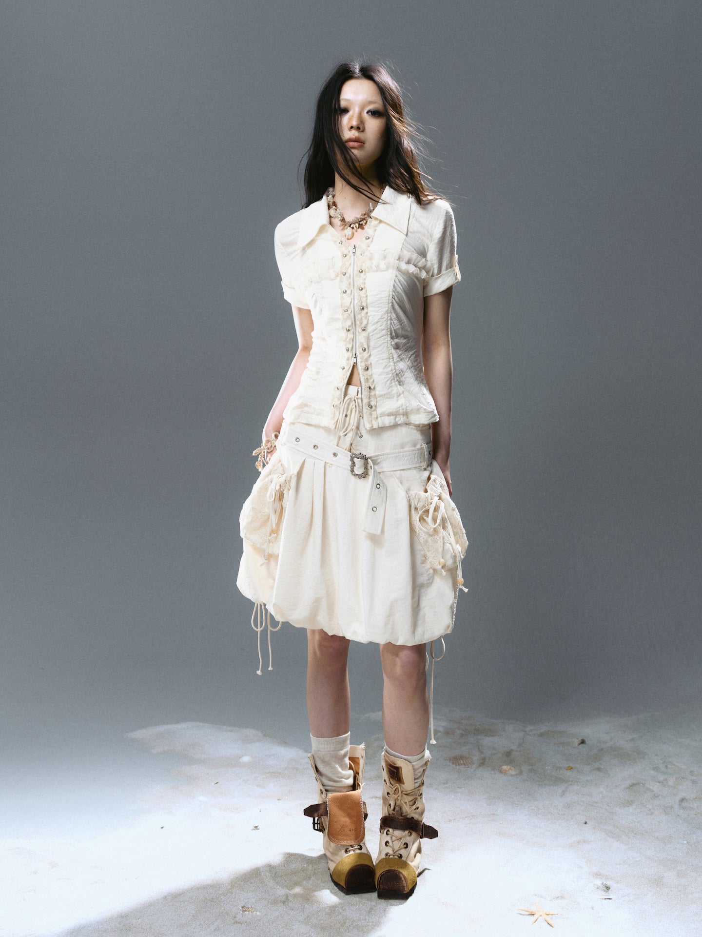 Mid-Waist Lace-Up Studded Cargo Skirt