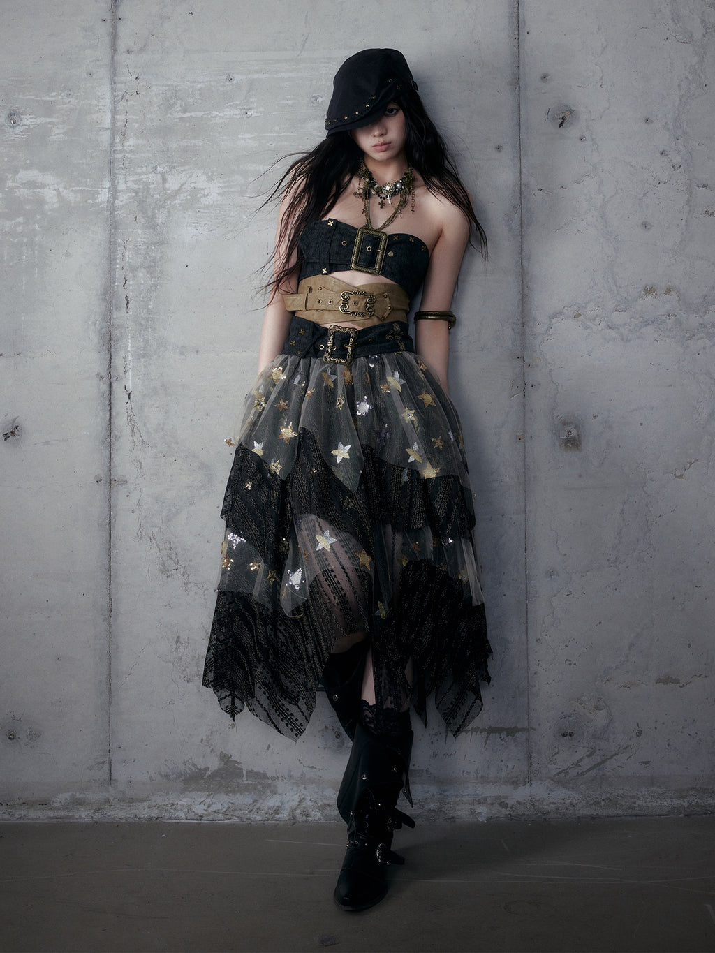 Leather Strap Metal Asymmetrical Color-Block Tube Top