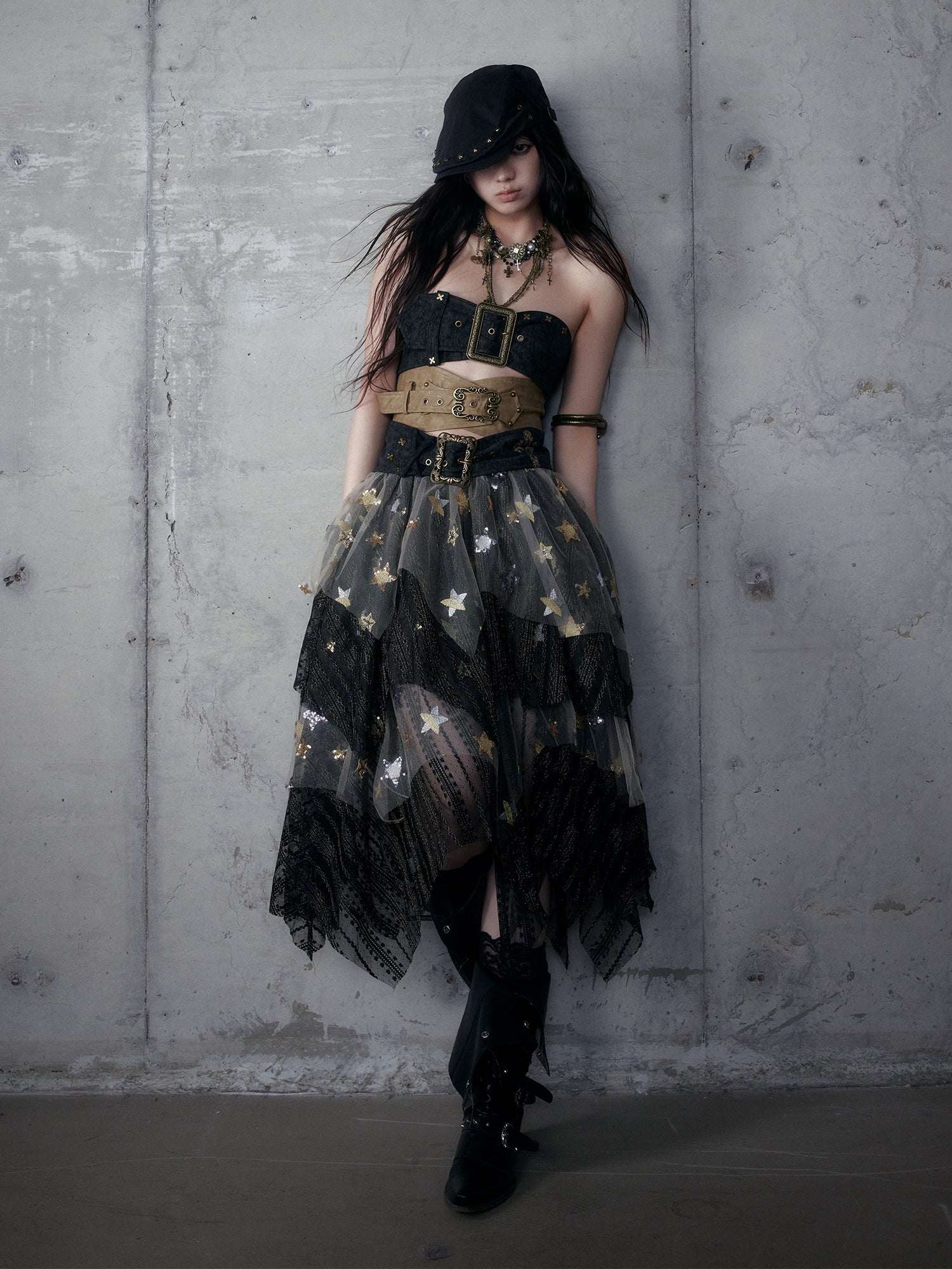 Leather Strap Metal Asymmetrical Color-Block Tube Top