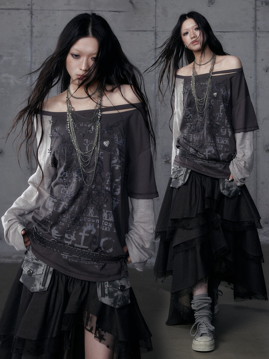 Distressed Fake Two-Piece Off-Shoulder Long Sleeve Top