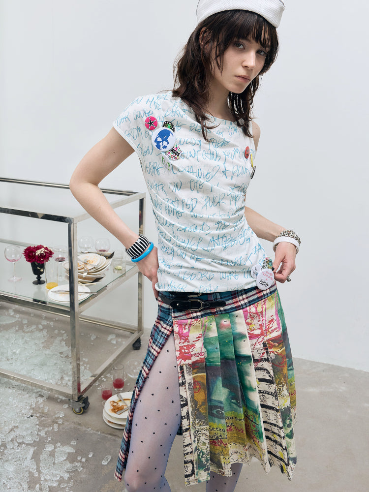 Handwritten Lettering Crinkle Tee with Badges