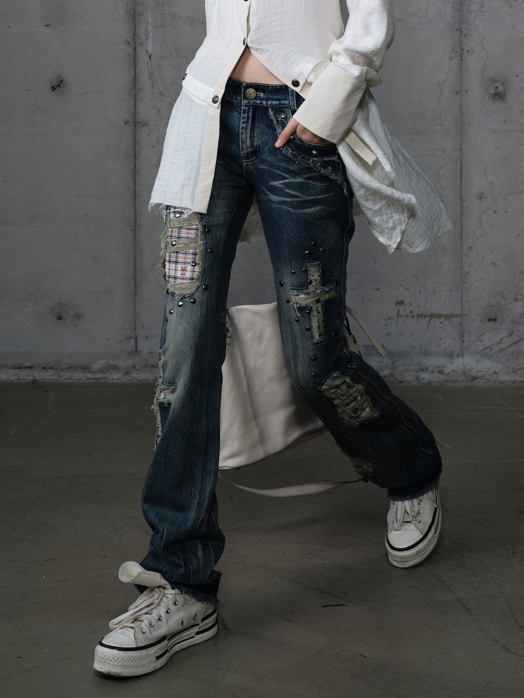 Checkered Patchwork Rhinestone Straight Slim Jeans