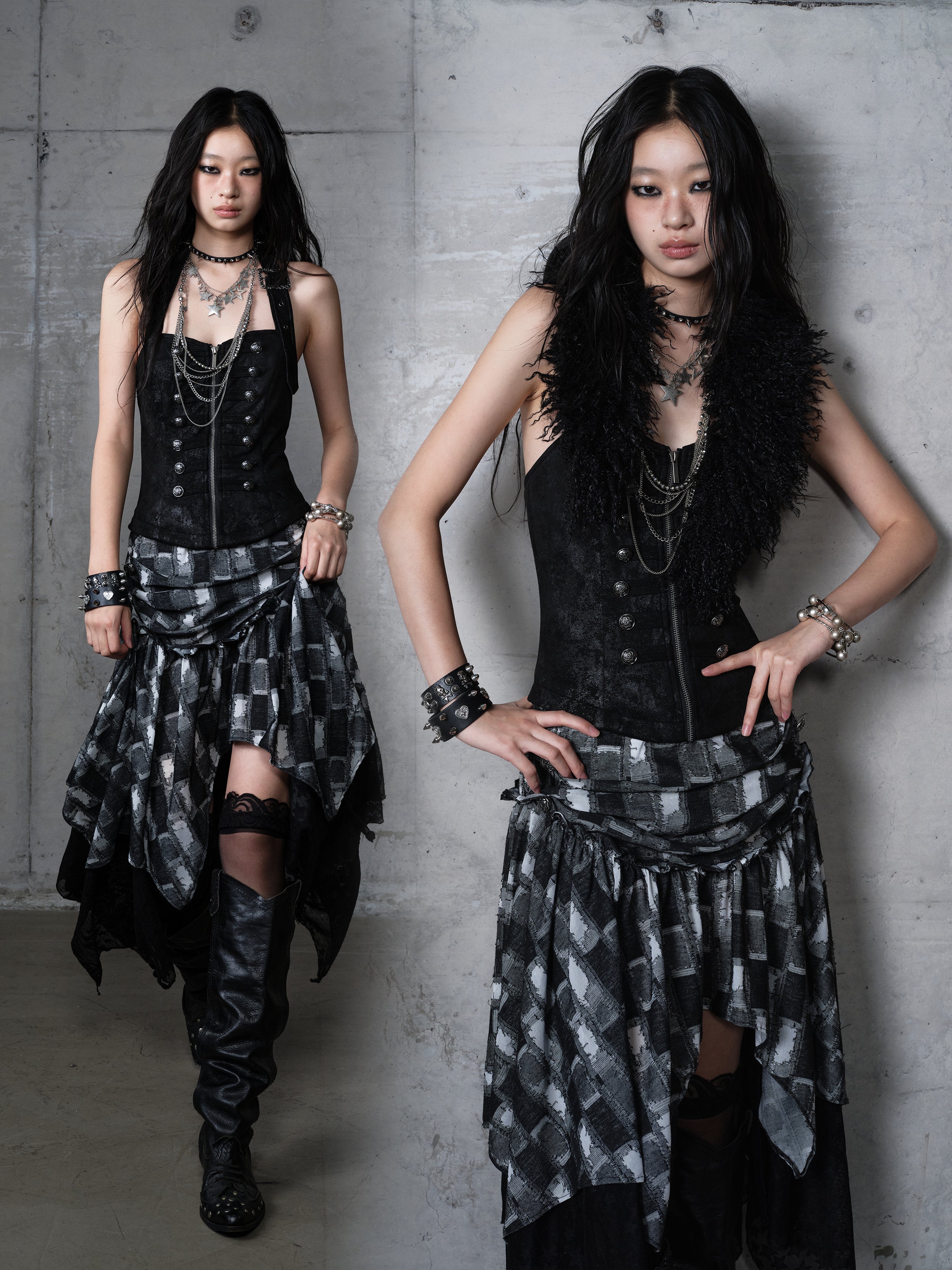 Plaid Velvet Leather Corset Asymmetric Halter Dress