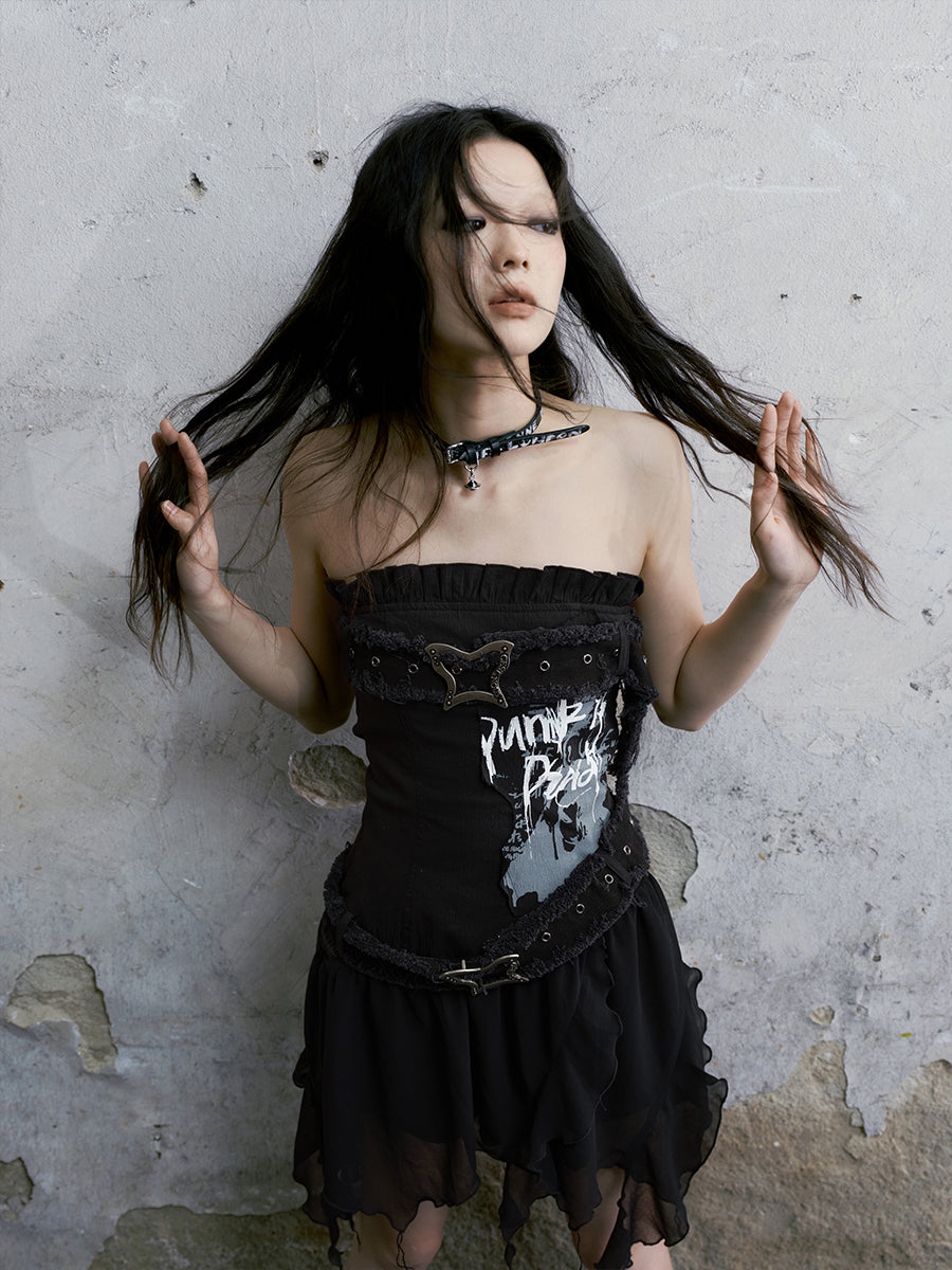 Beige Graffiti Corset Dress with Butterfly Buckle