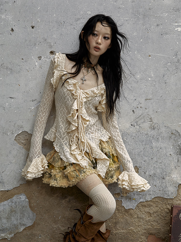 Textured Lace Ruffle Bell Sleeve Blouse