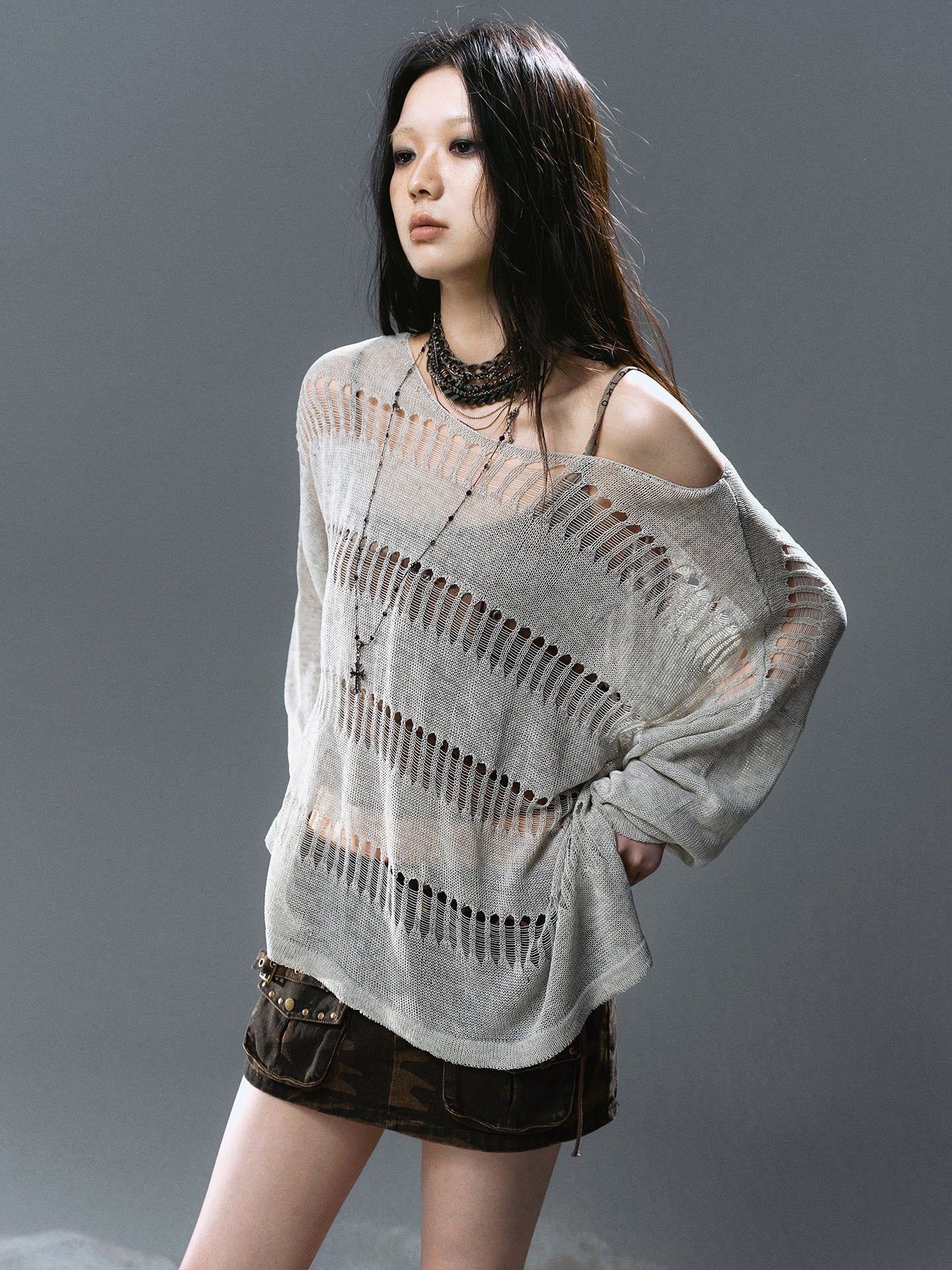Oversize Linen Knit Cardigan with Distressed Holes