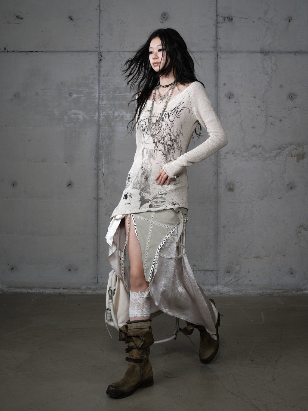 Asymmetric Leather Satin Long Skirt