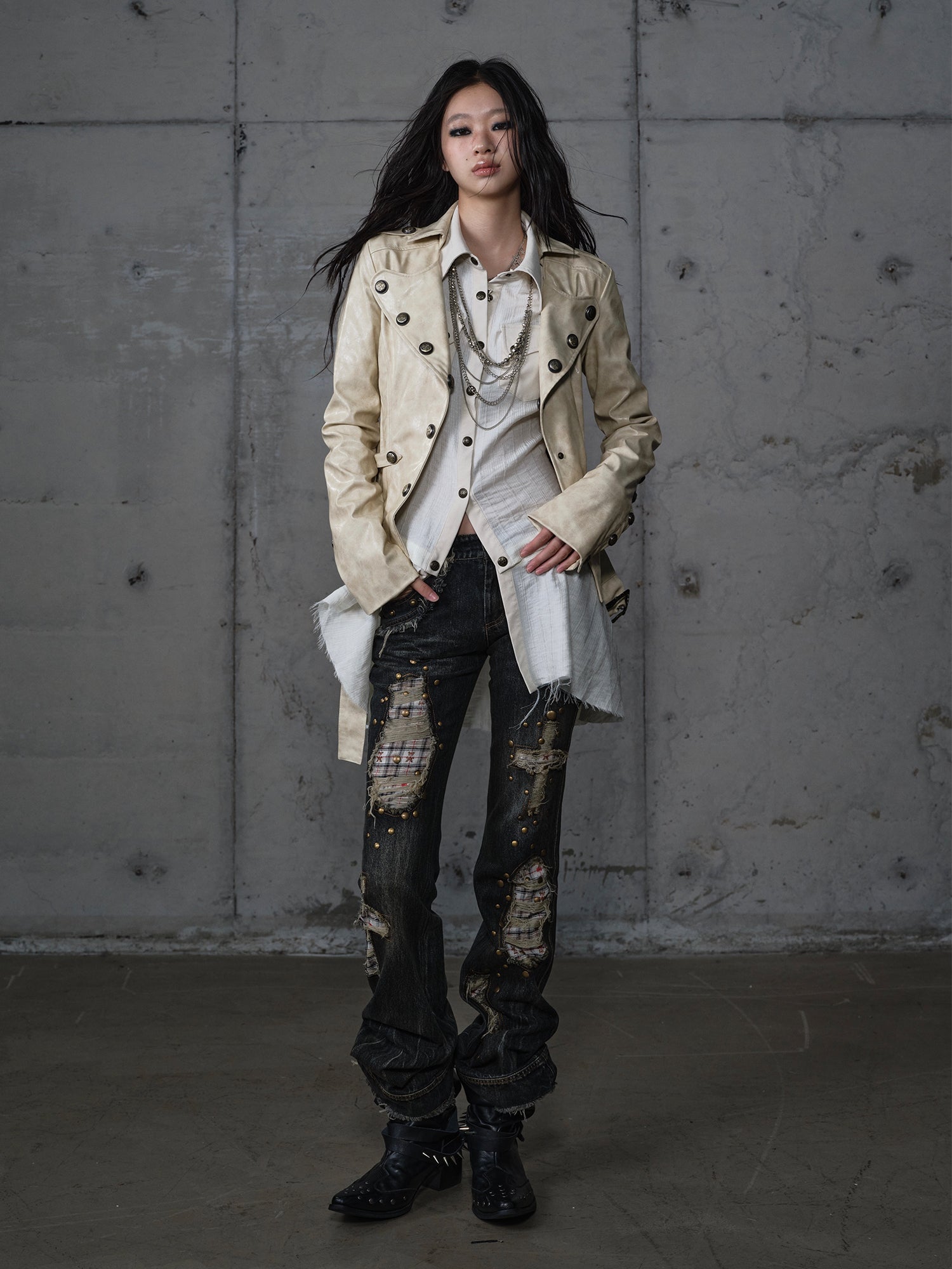 Checkered Patchwork Rhinestone Straight Slim Jeans