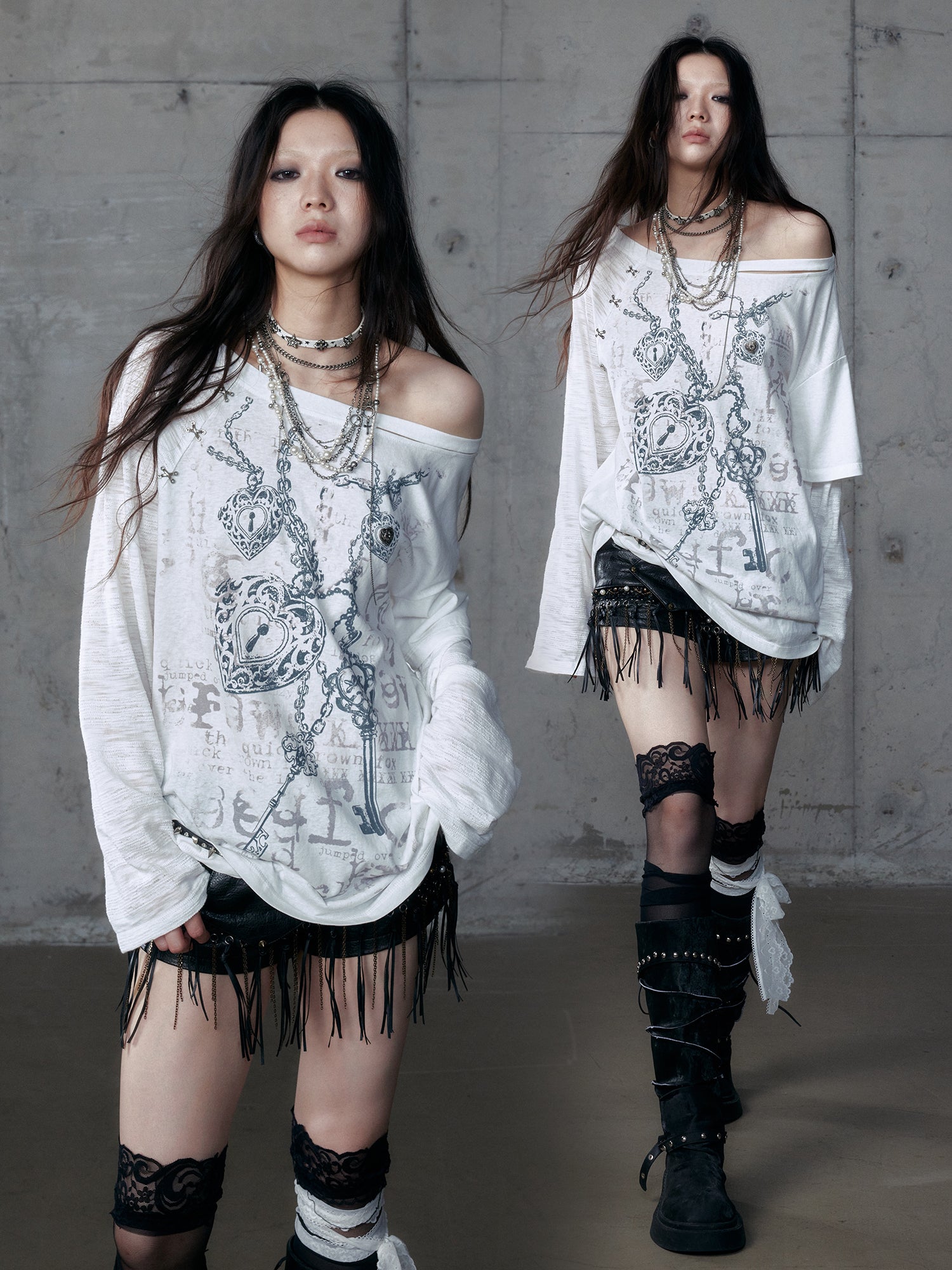Distressed Fake Two-Piece Off-Shoulder Long Sleeve Top