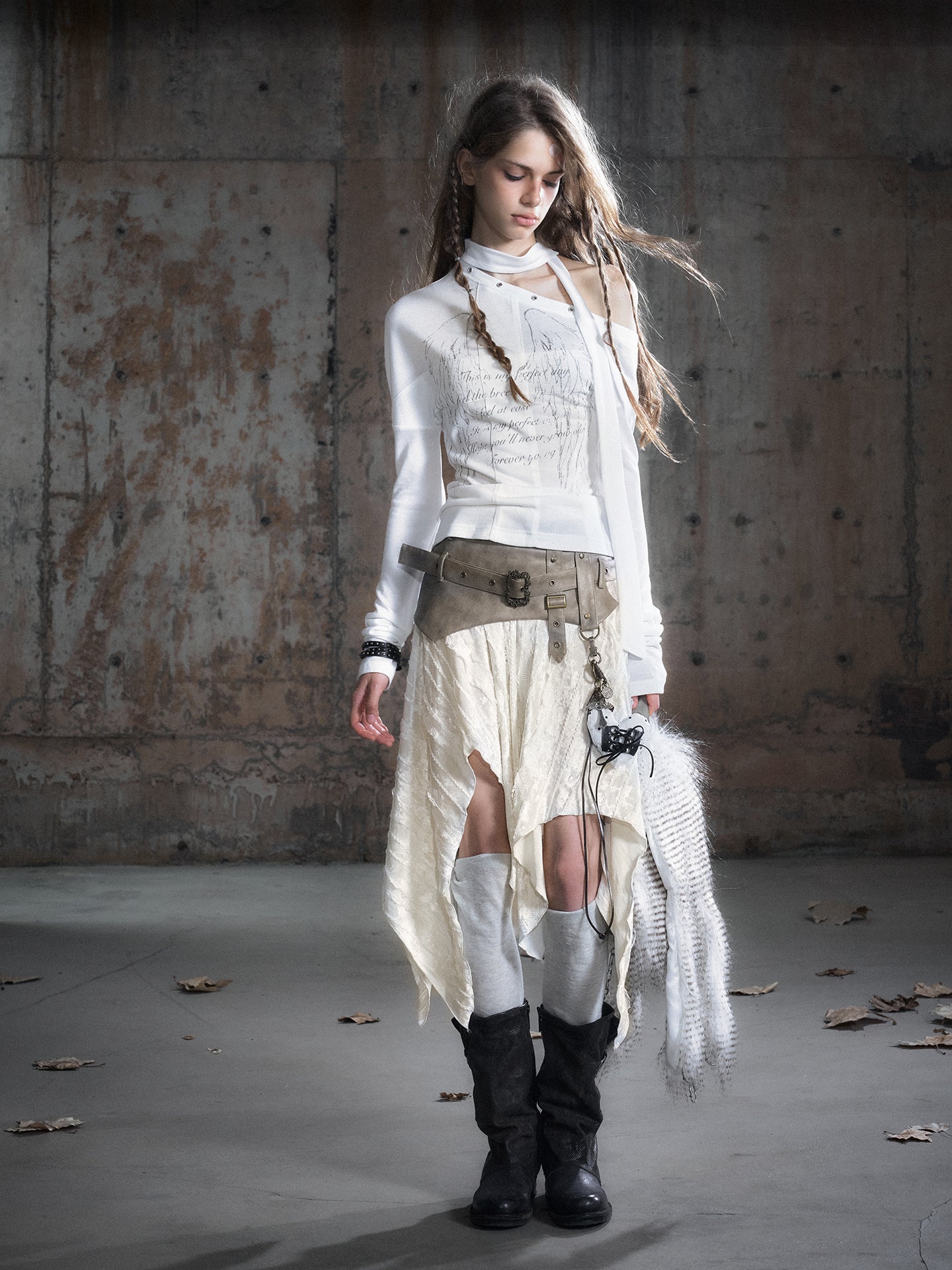 Velvet Patchwork Asymmetric Checkered Hem Midi Skirt