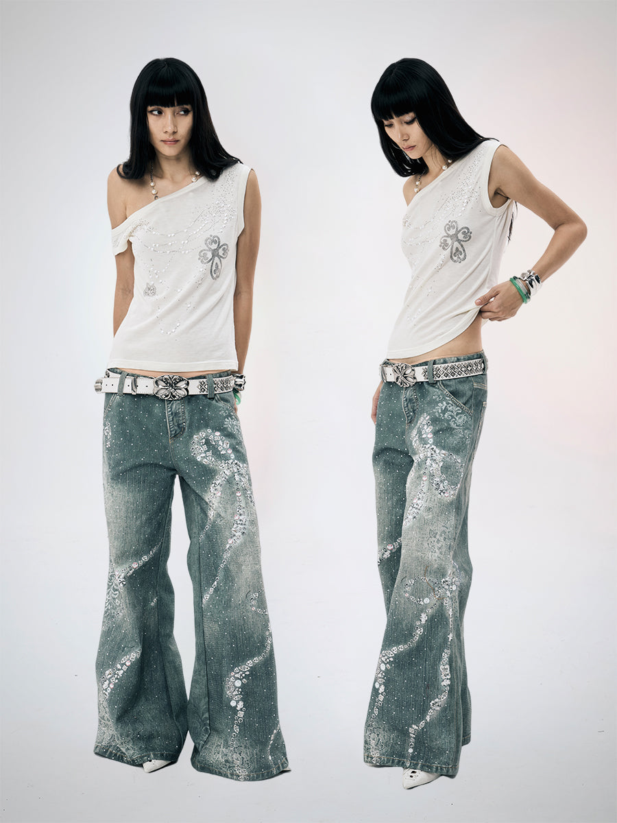 Full Rhinestone Bow Wide Leg Pants