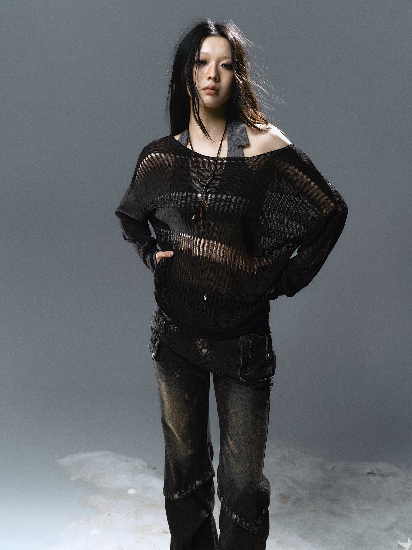 Oversize Linen Knit Cardigan with Distressed Holes