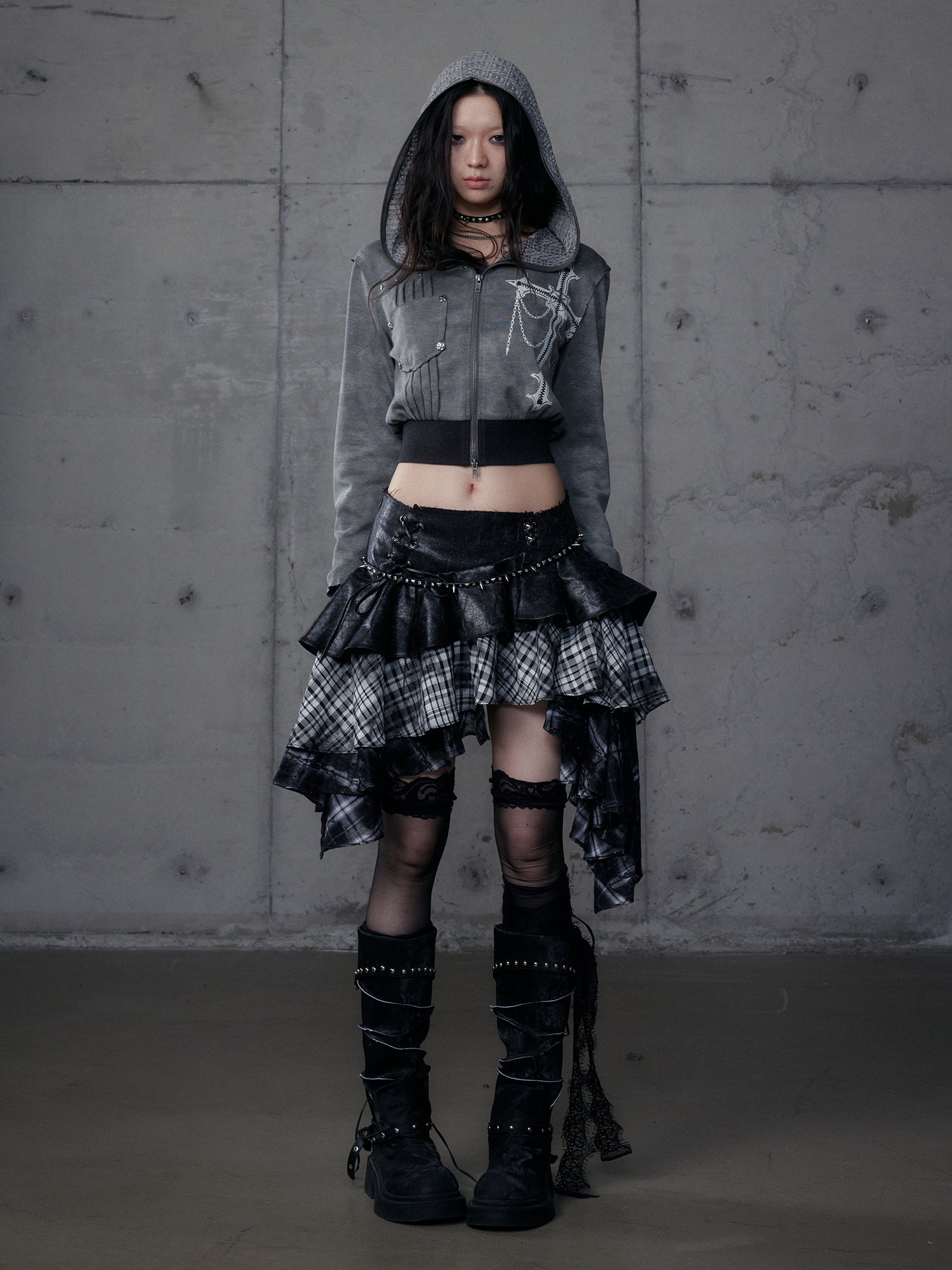Plaid Asymmetrical Heavy-Duty Skirt