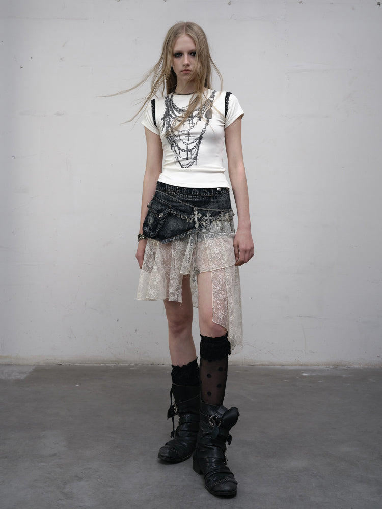 Lace Denim Asymmetrical Skirt