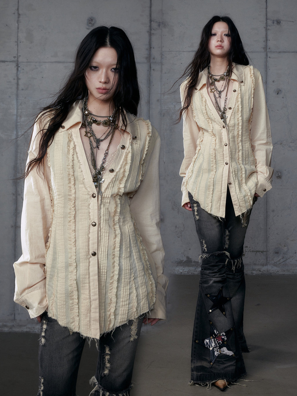 Lace V-Neck Puff Short/Long Sleeve Shirt